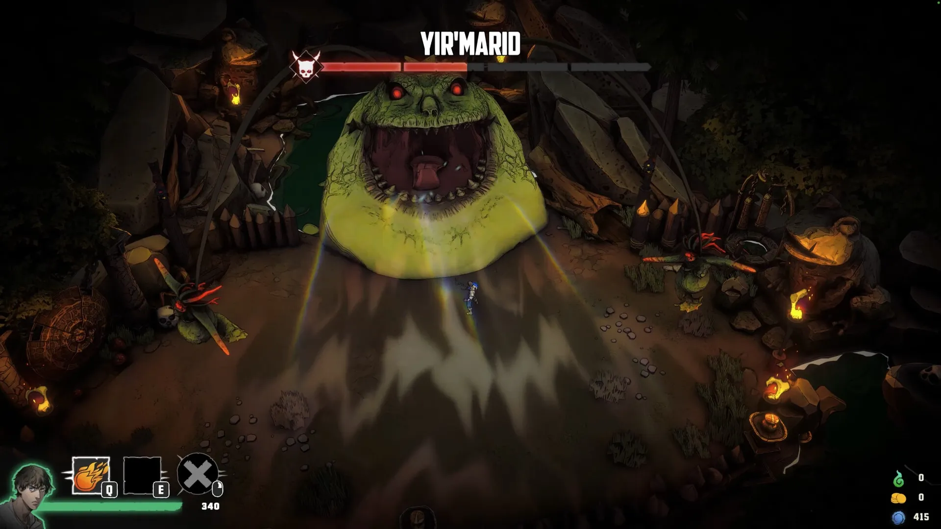 Rogue Loops: Player battles Yir'Marid, a giant creature, in a rocky arena with torches and UI elements.