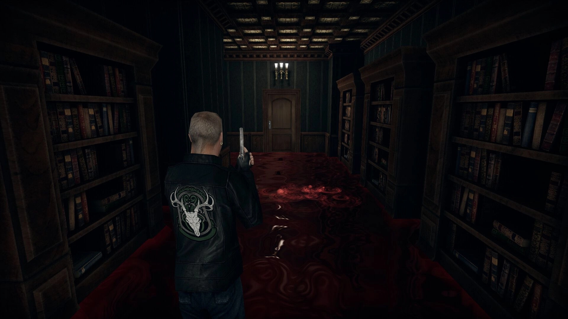 Rogue Mansion: Character holding gun in flooded library corridor with dark wooden bookshelves