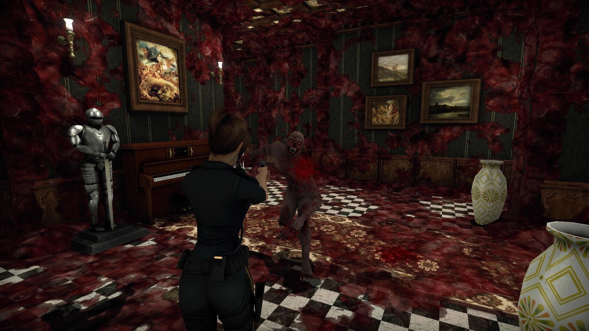 Rogue Mansion: Player in combat with zombie in a decayed, blood-stained room with dark paintings