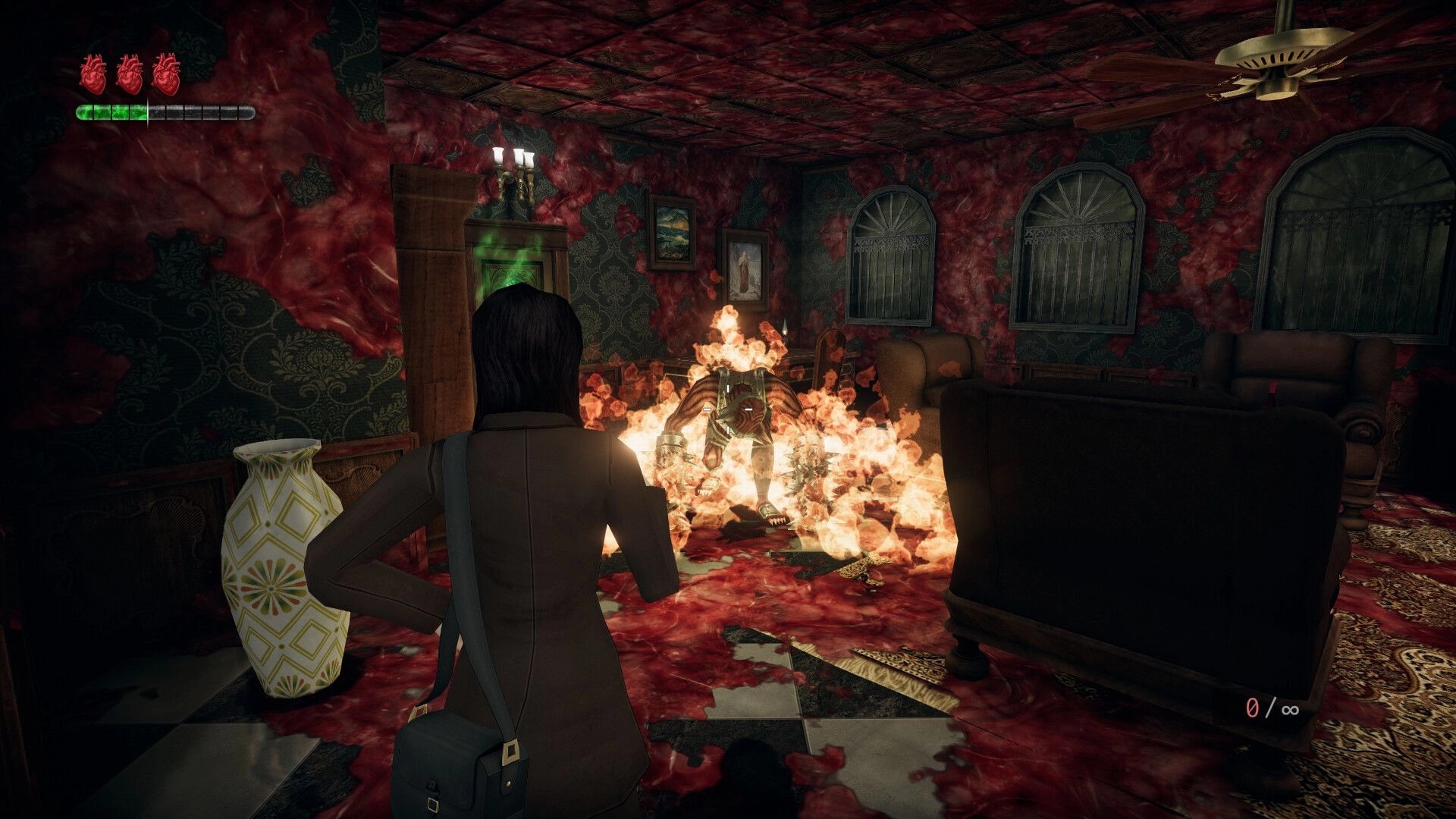 Rogue Mansion: Character facing flaming creature in a grotesque, blood-soaked living room environment