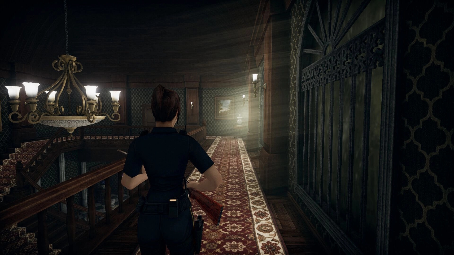 Rogue Mansion: Character exploring dimly lit hallway with ornate carpet and chandelier