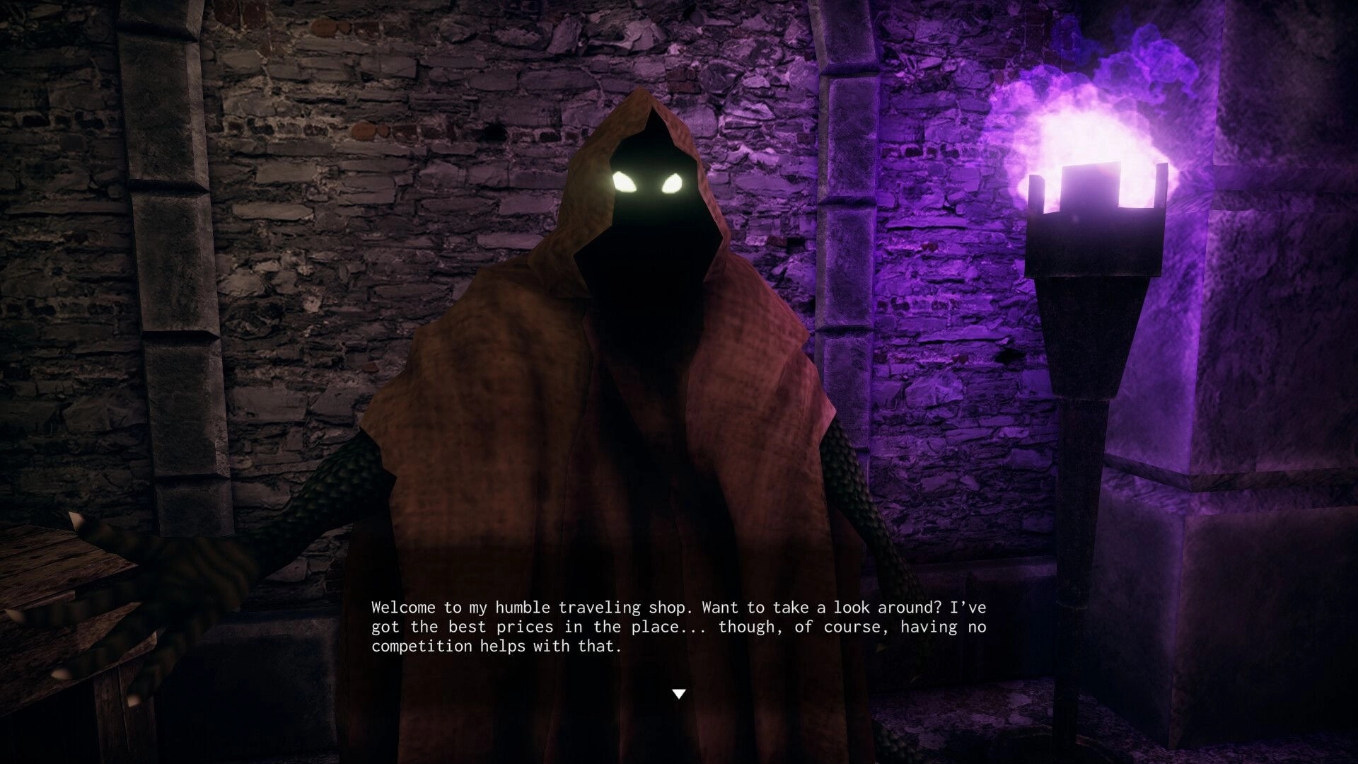 Rogue Mansion: Hooded figure with glowing eyes in torch-lit stone corridor offering shop dialogue
