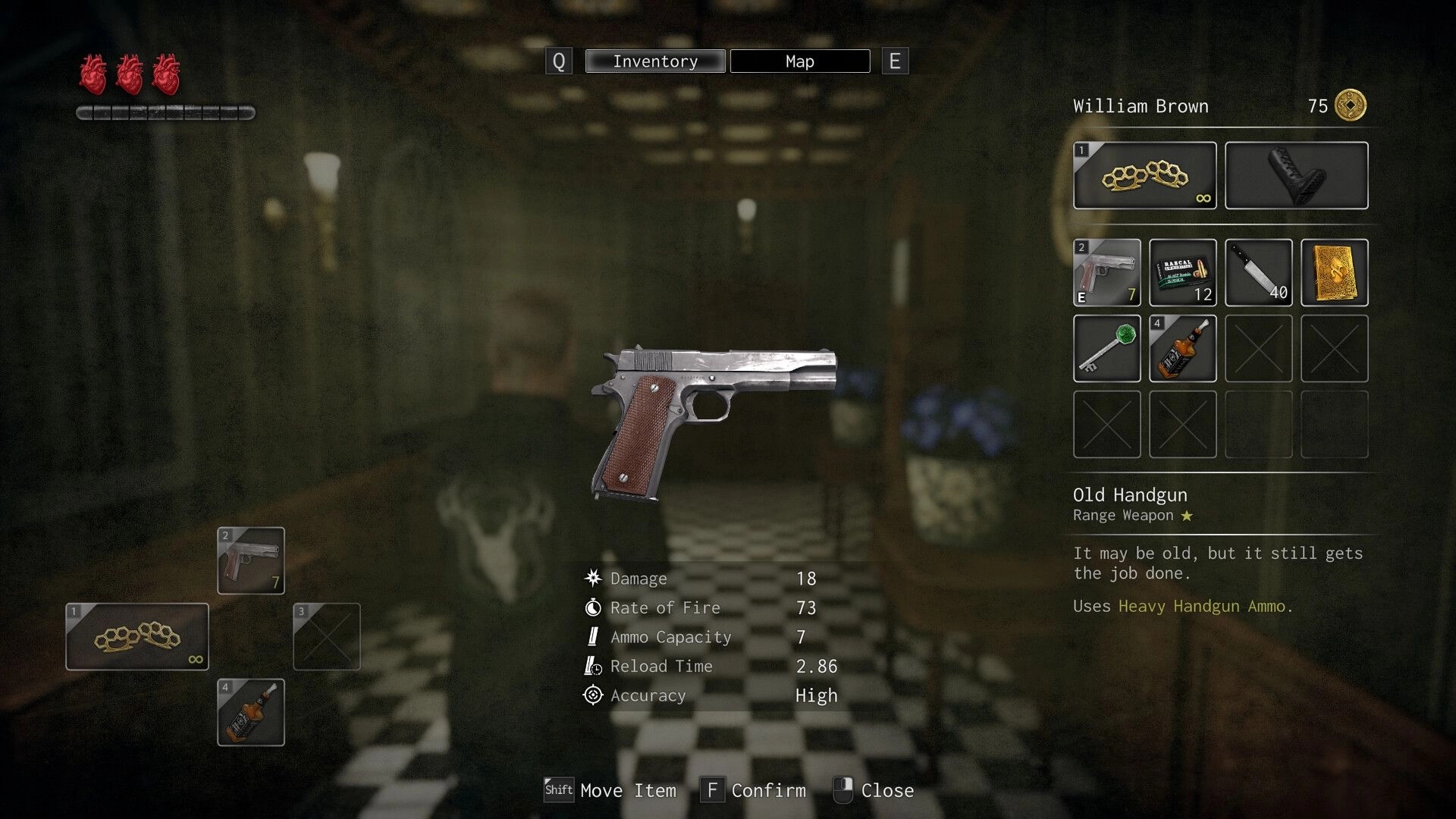 Rogue Mansion: William Brown's inventory menu displaying handgun stats in dimly lit hallway.