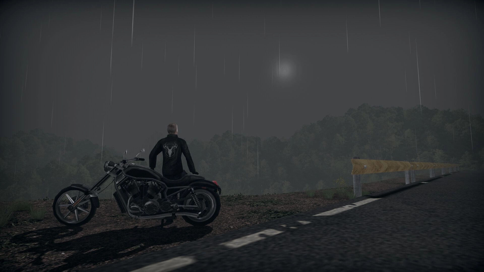 Rogue Mansion: Lone biker overlooks foggy forest in the rain beside a road with a guardrail