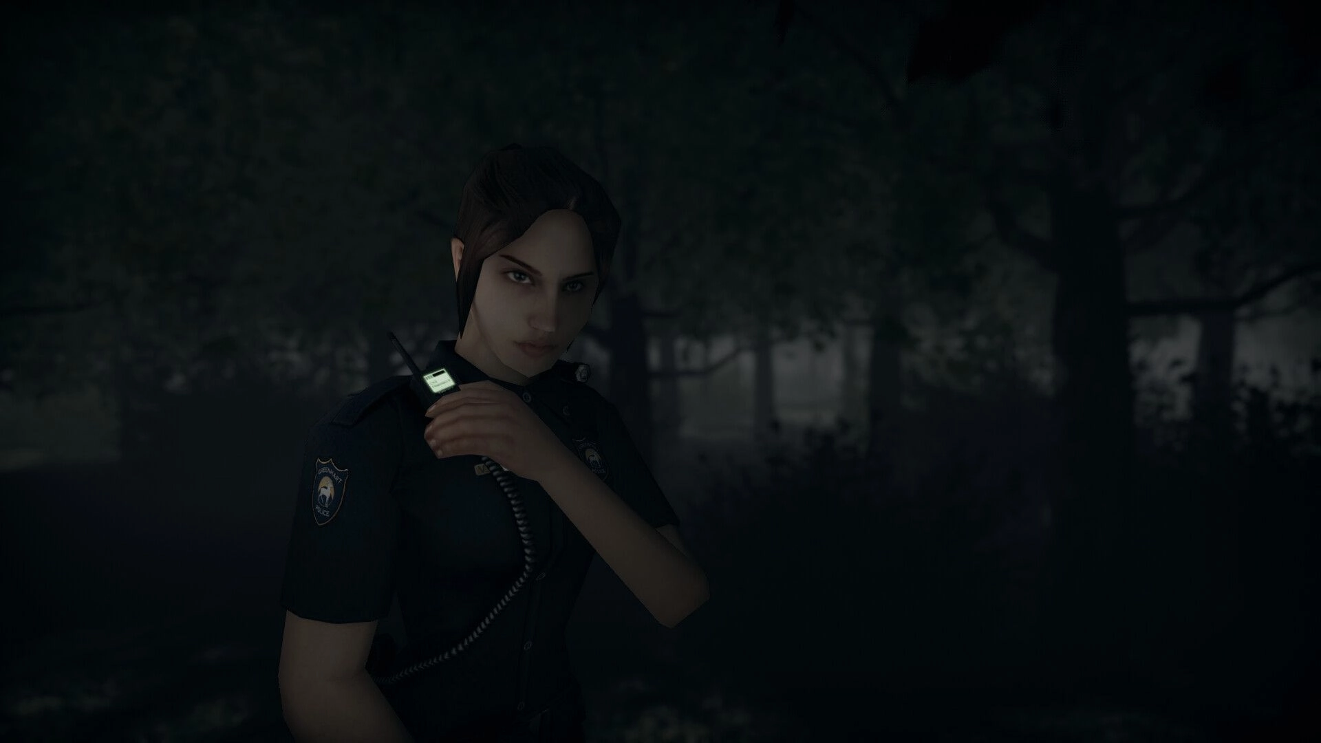 Rogue Mansion: Police officer using radio in dark, eerie forest setting