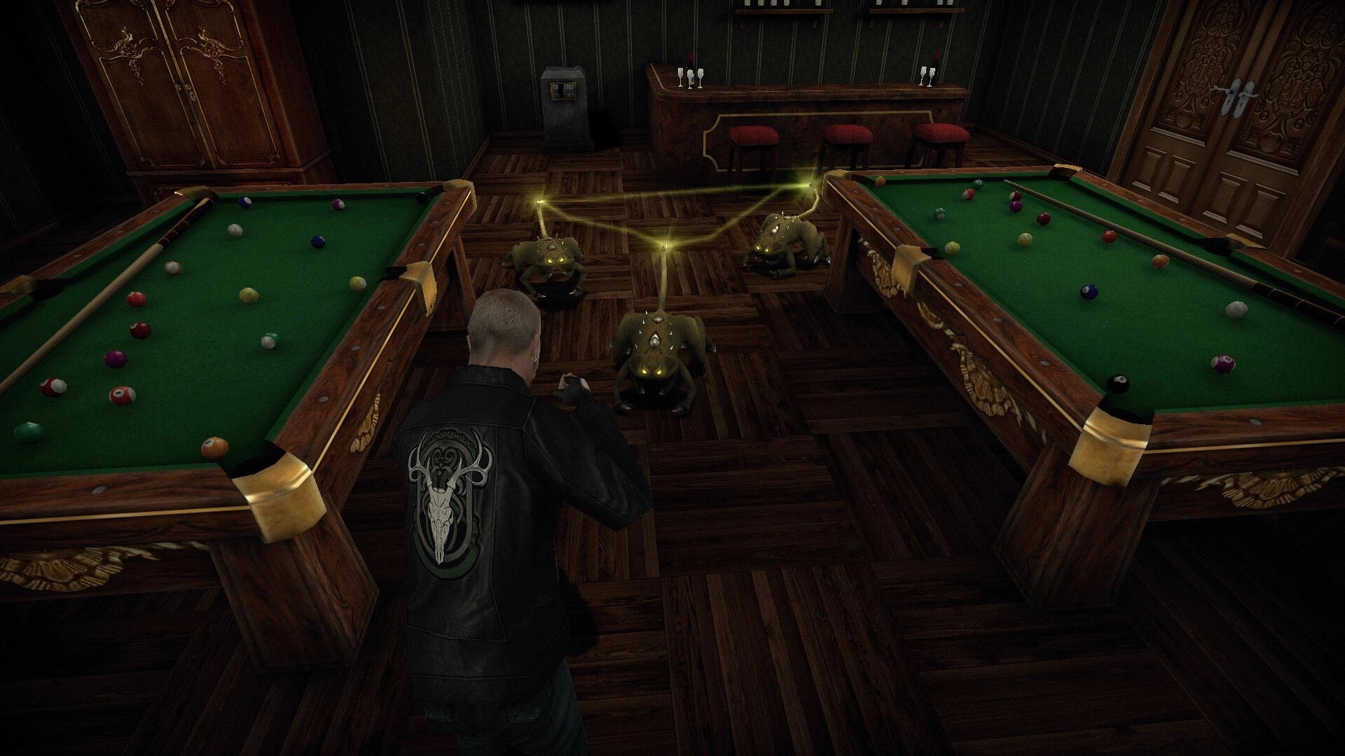 Rogue Mansion: Player facing glowing creatures between billiard tables in a dimly lit game room.