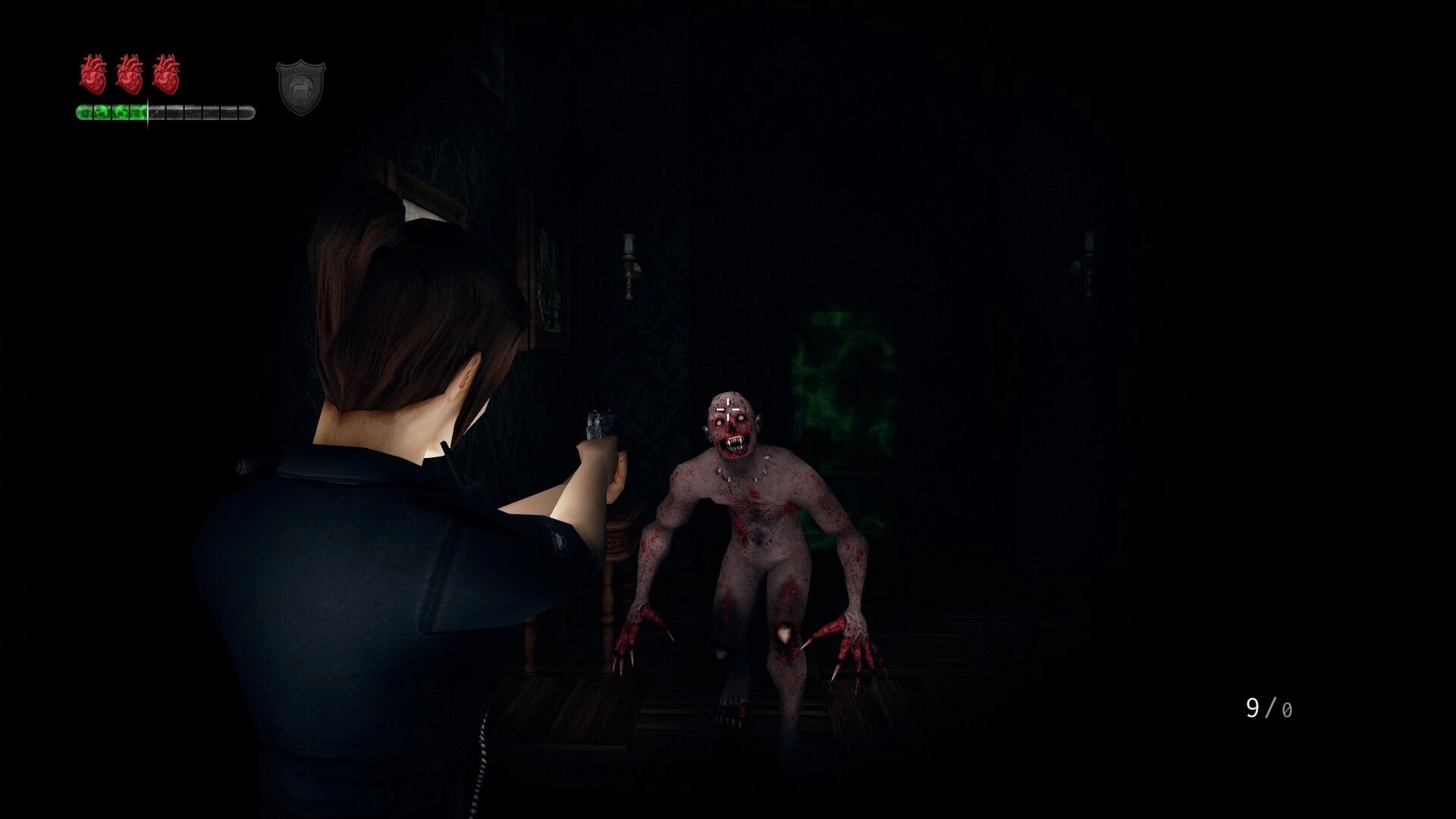 Rogue Mansion: Character aiming pistol at approaching monster in dark mansion hallway