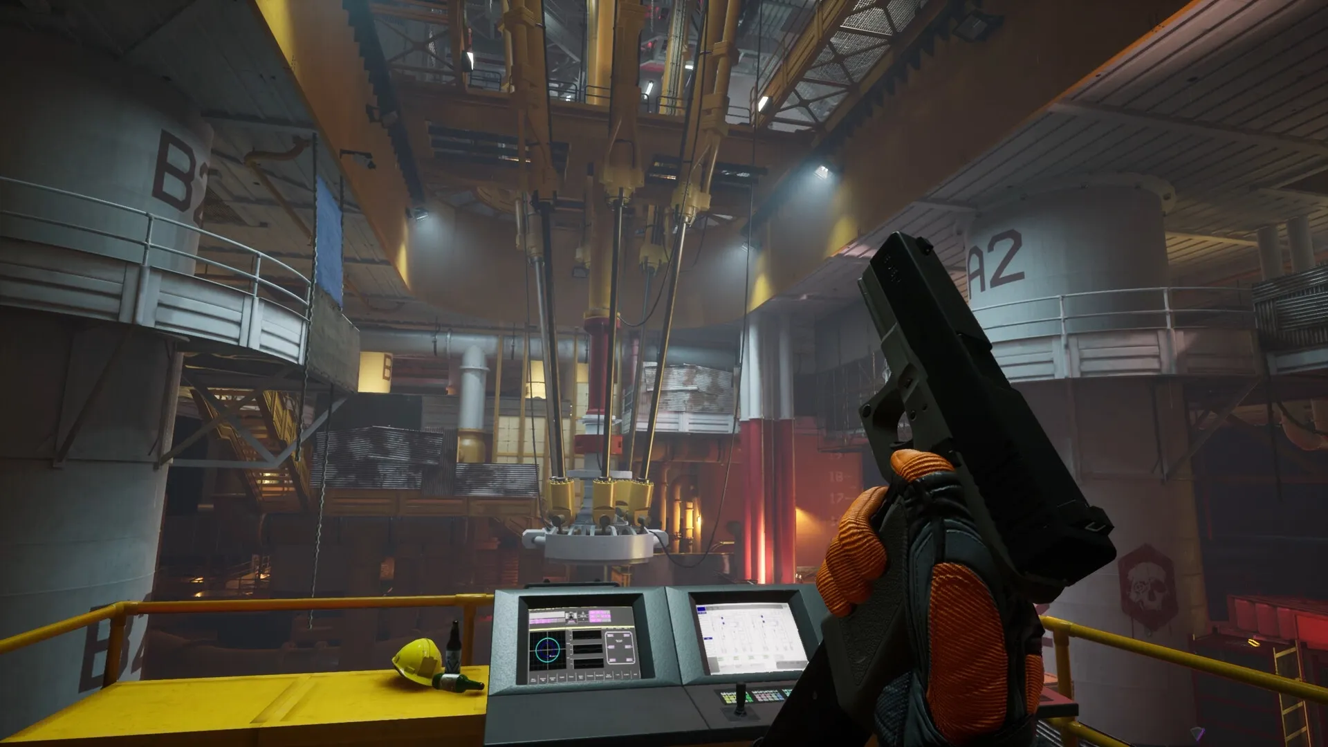 Rogue Point: Character holding gun near control panel in industrial facility with large machinery overhead