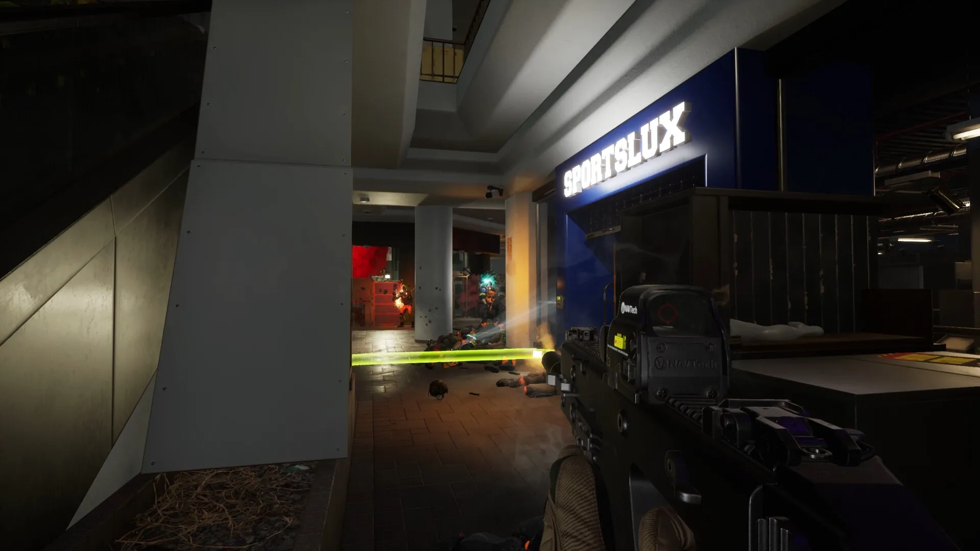 Rogue Point: Player aiming rifle in a dimly lit corridor with neon sign and enemies in distance.