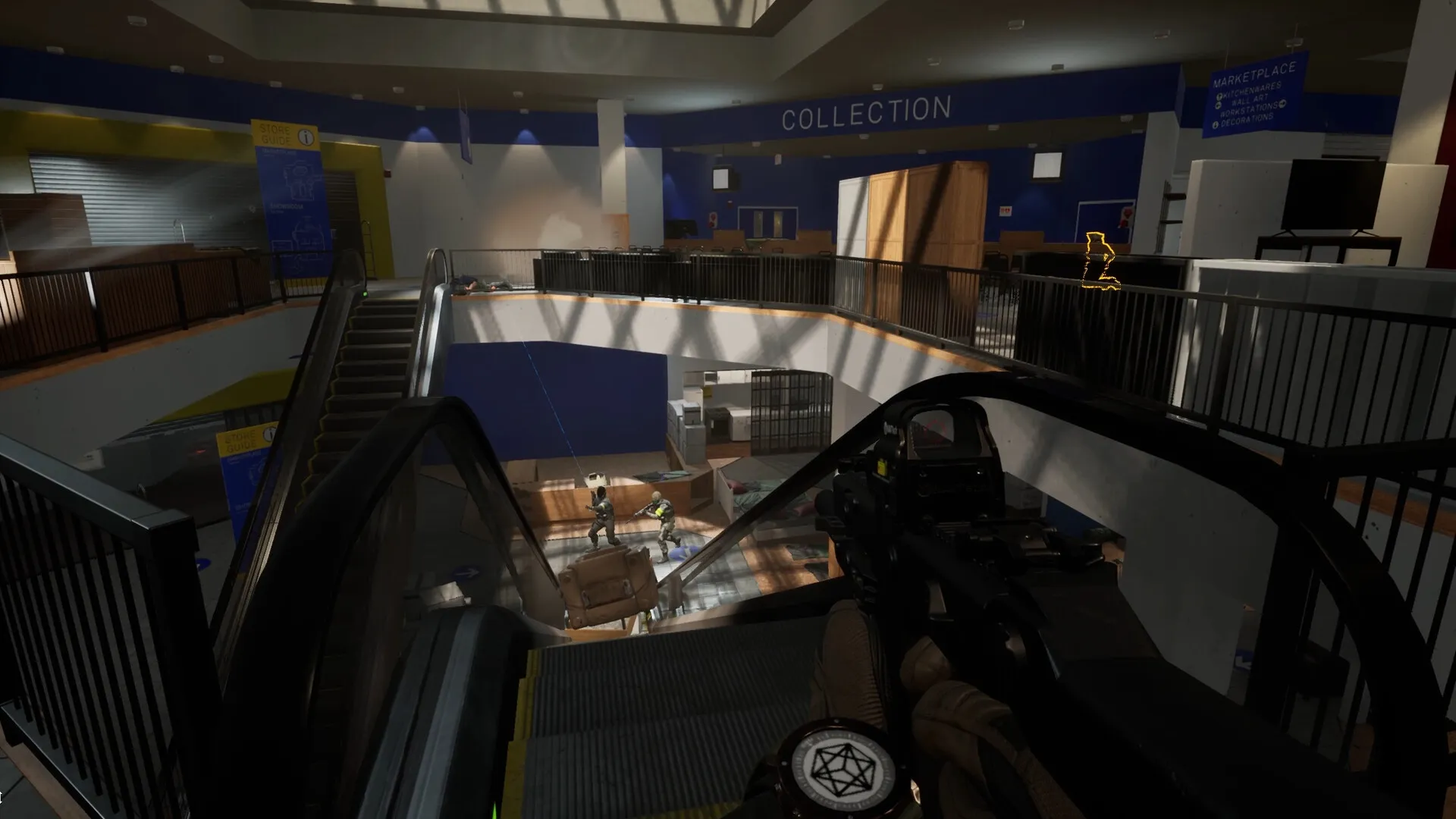 Rogue Point: Tactical player descends escalator in shopping mall, teammates visible below in firefight.