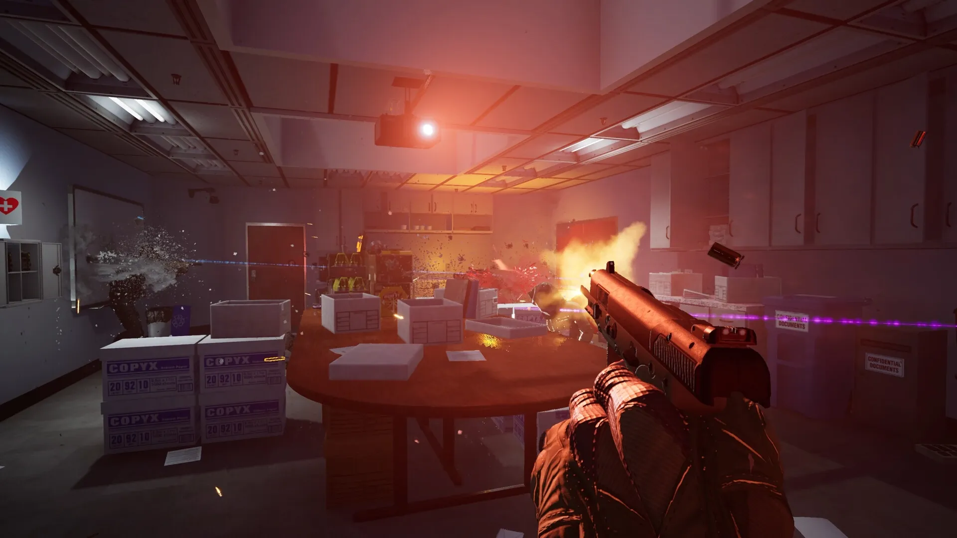 Rogue Point: Player firing a weapon in an office environment with boxes and documents scattered around
