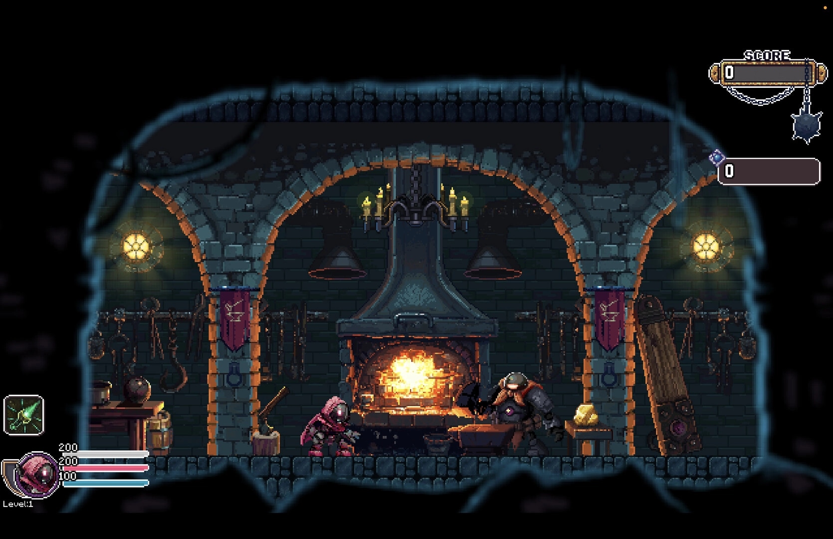 Rogue Rollers: Knight stands by a blacksmith forge with HUD bars and score in a stone workshop.