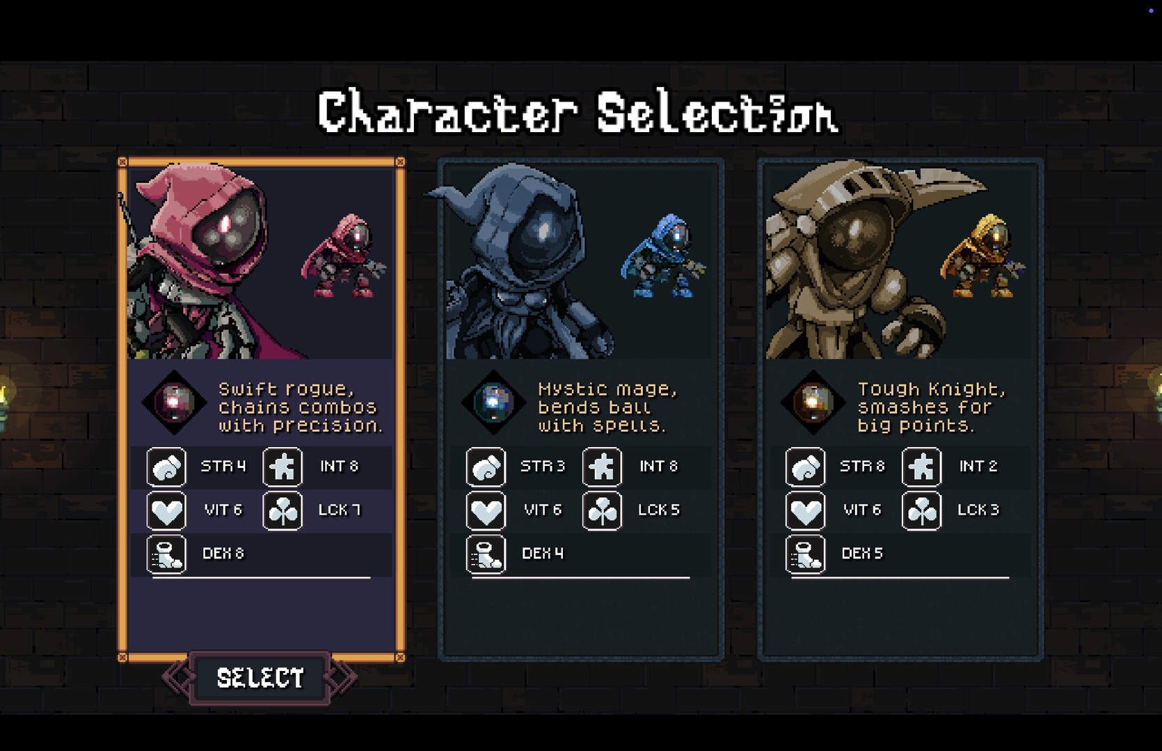 Rogue Rollers: Character selection menu with rogue, mage, and knight stat cards in dungeon UI.