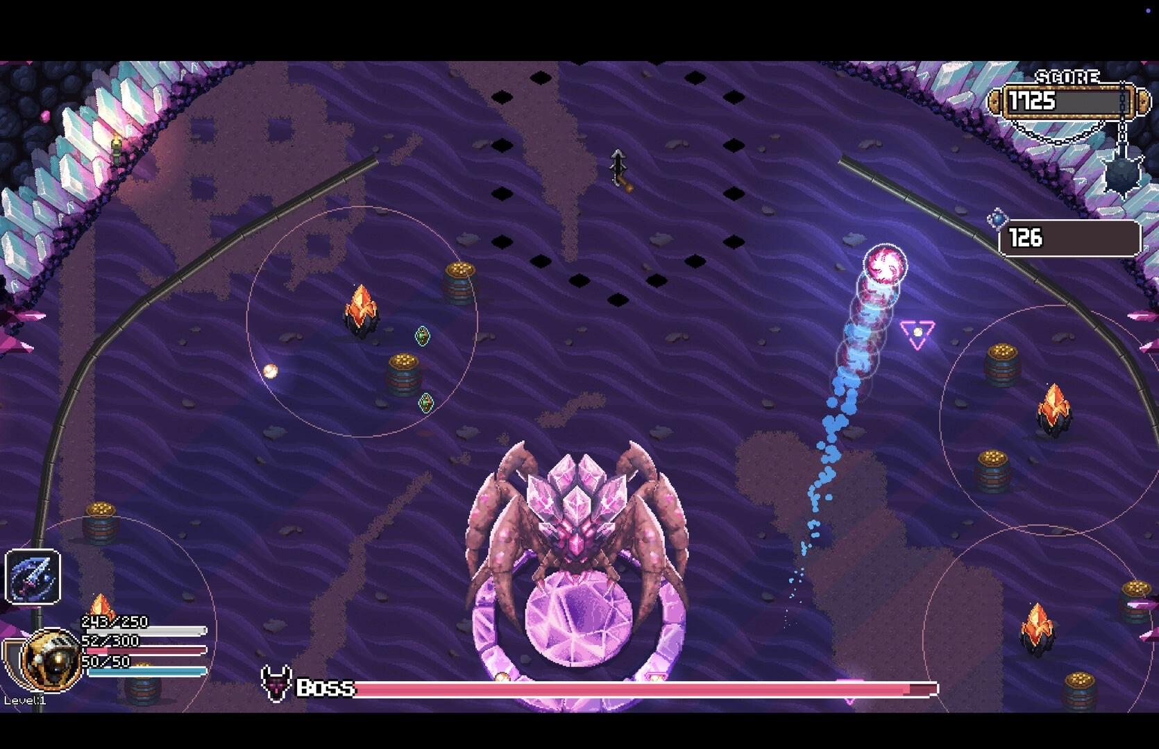 Rogue Rollers: Boss fight with crystal spider and glowing ball projectile in purple cavern arena UI.