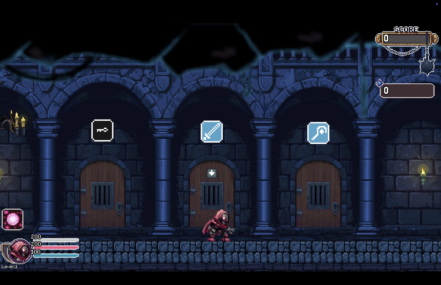 Rogue Rollers: Hooded hero stands before three icon-marked doors in a torchlit stone dungeon hall.