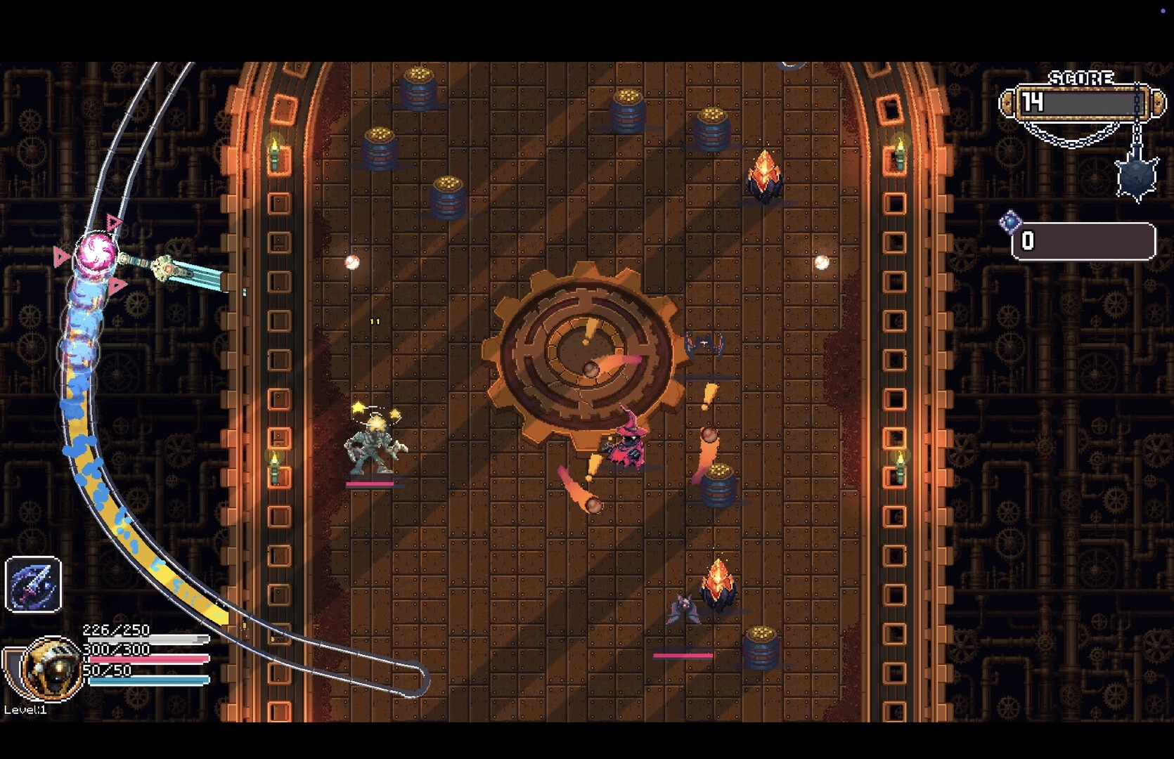 Rogue Rollers: Ball ricochets along left rail as enemies fight near a gear arena with score UI.