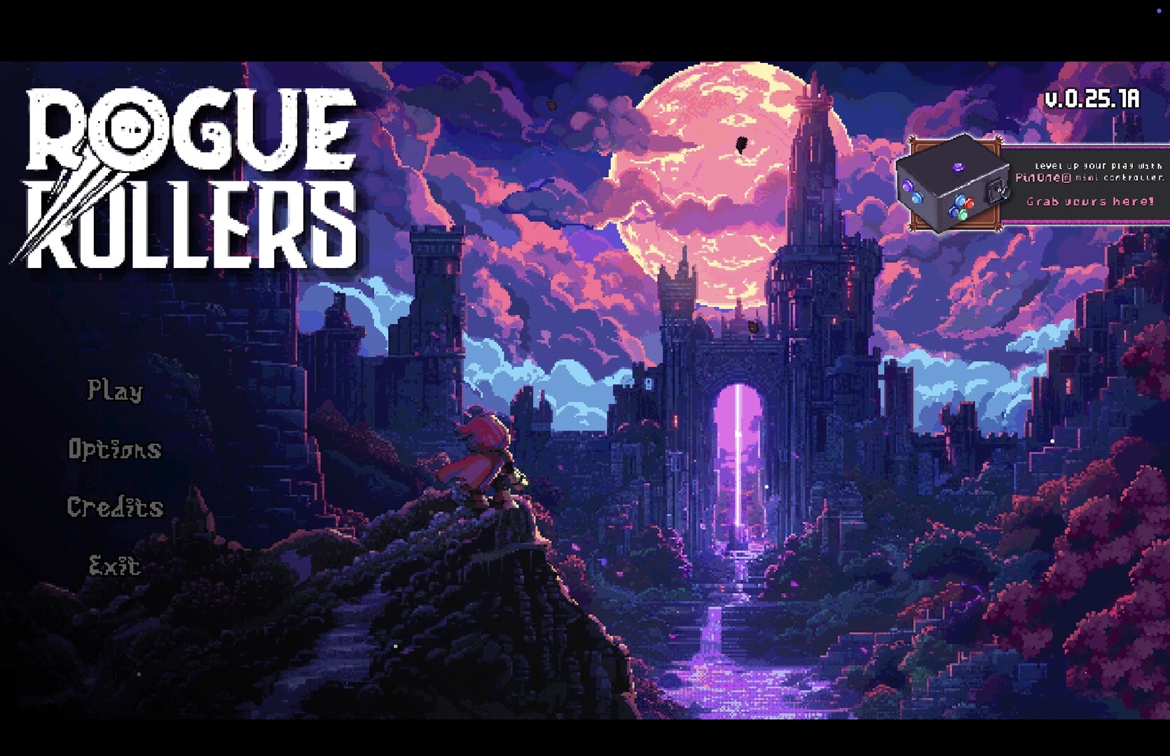 Rogue Rollers: Main menu with Play, Options, Credits, Exit over moonlit castle skyline backdrop.