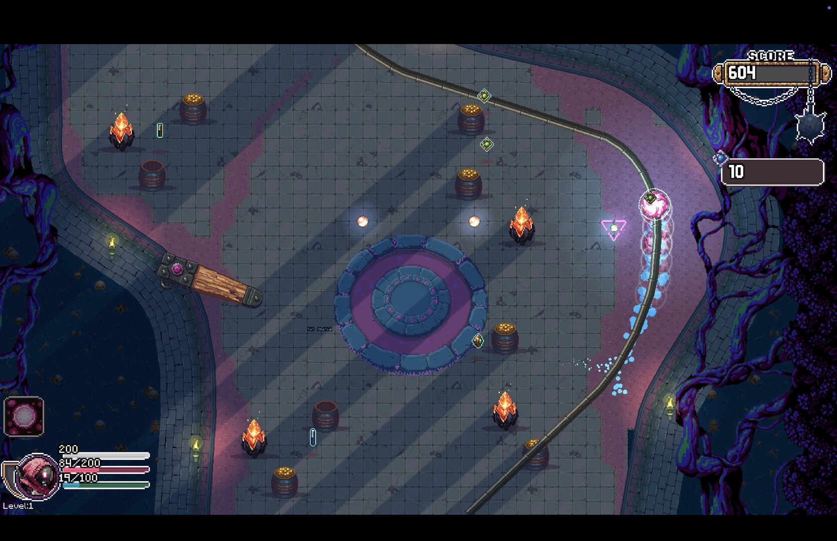 Rogue Rollers: Pinball ball ricochets off bumpers and barrels in a tiled dungeon arena with score UI.