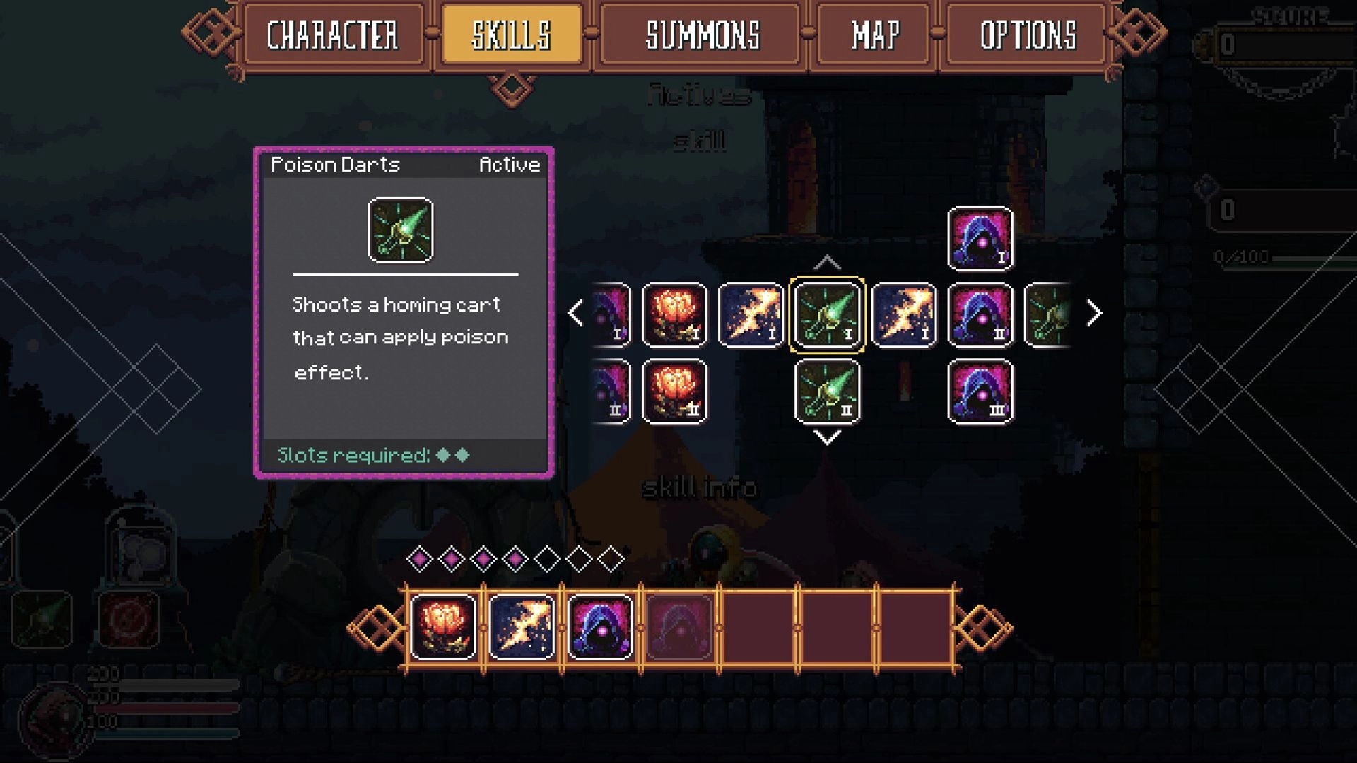 Rogue Rollers: Skills menu highlighting Poison Darts upgrade with skill tree icons over dark dungeon hub.