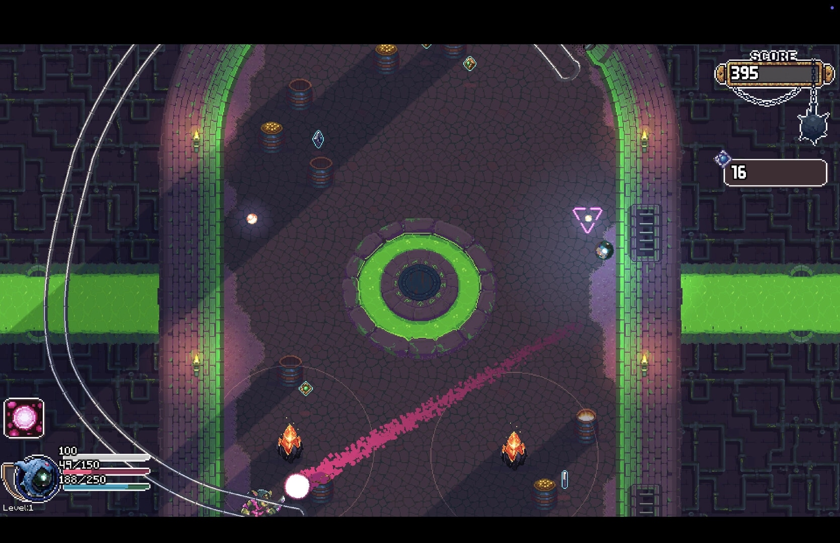 Rogue Rollers: Pinball orb ricochets past barrels and enemies in a neon-lit dungeon arena with score UI.