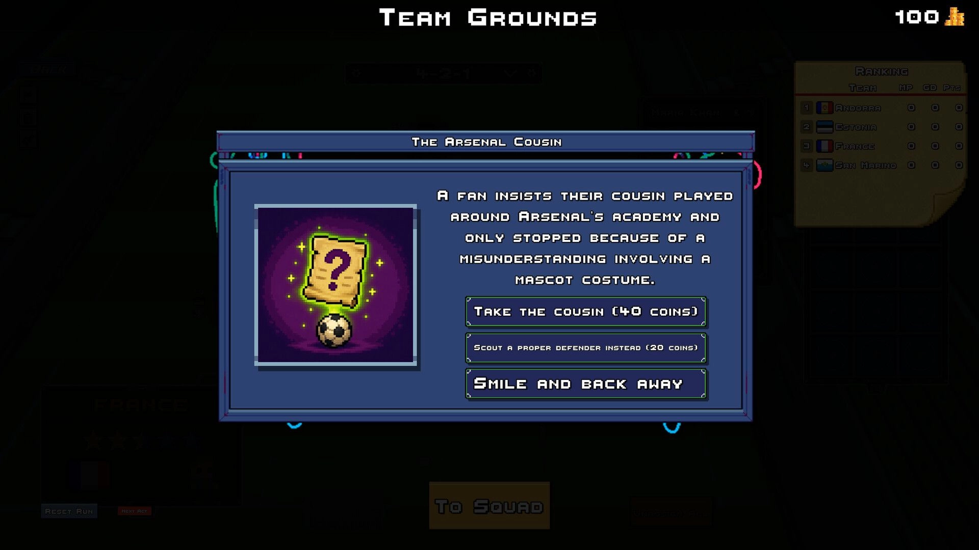 Rogue Striker: Team Grounds event popup with choices to recruit cousin for coins on dark hub screen.
