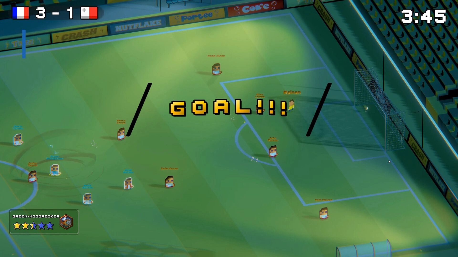 Rogue Striker: GOAL!!! banner after a score, 3-1 at 3:45, pixel players on stadium pitch.