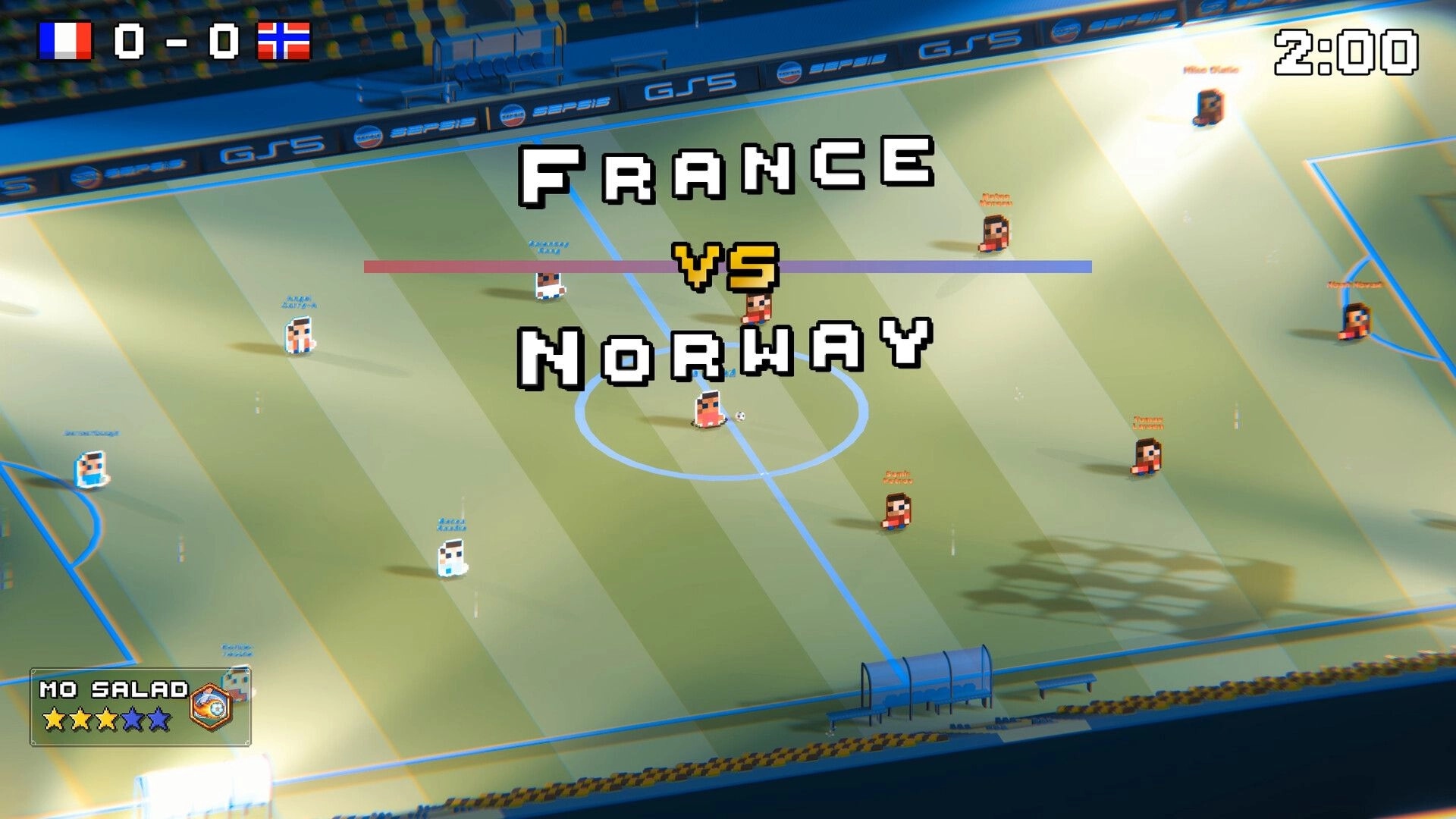 Rogue Striker: Kickoff screen France vs Norway with pixel players at midfield on a stadium pitch, 2:00 timer.