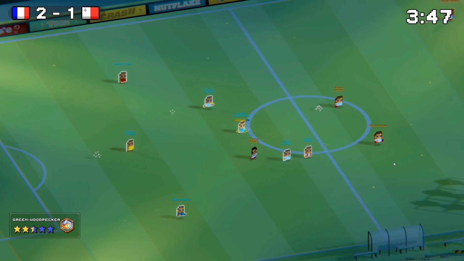 Rogue Striker: Pixel footballers spread near midfield circle, score 2-1 and timer 3:47 on pitch.