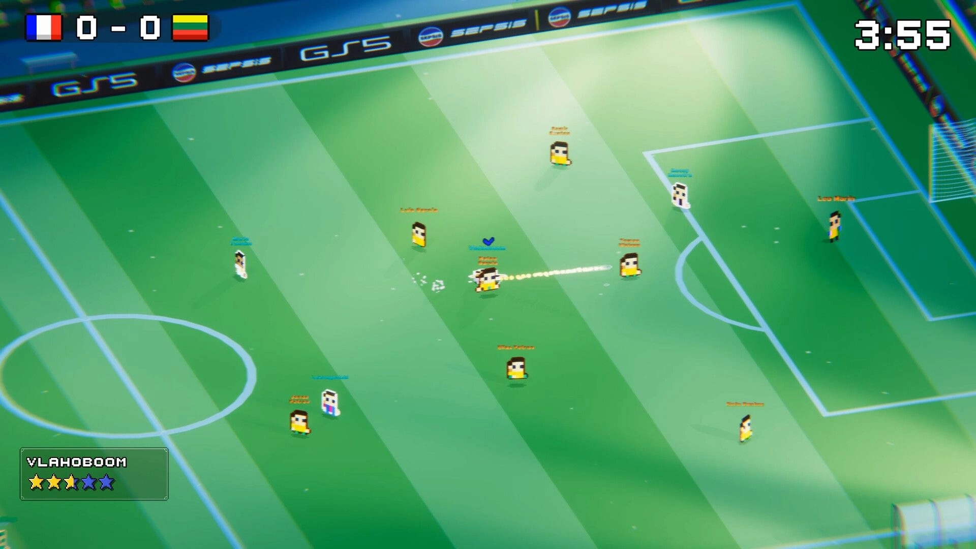Rogue Striker: Pixel footballer passes with trail on striped pitch, 0-0 score and 3:55 timer UI.