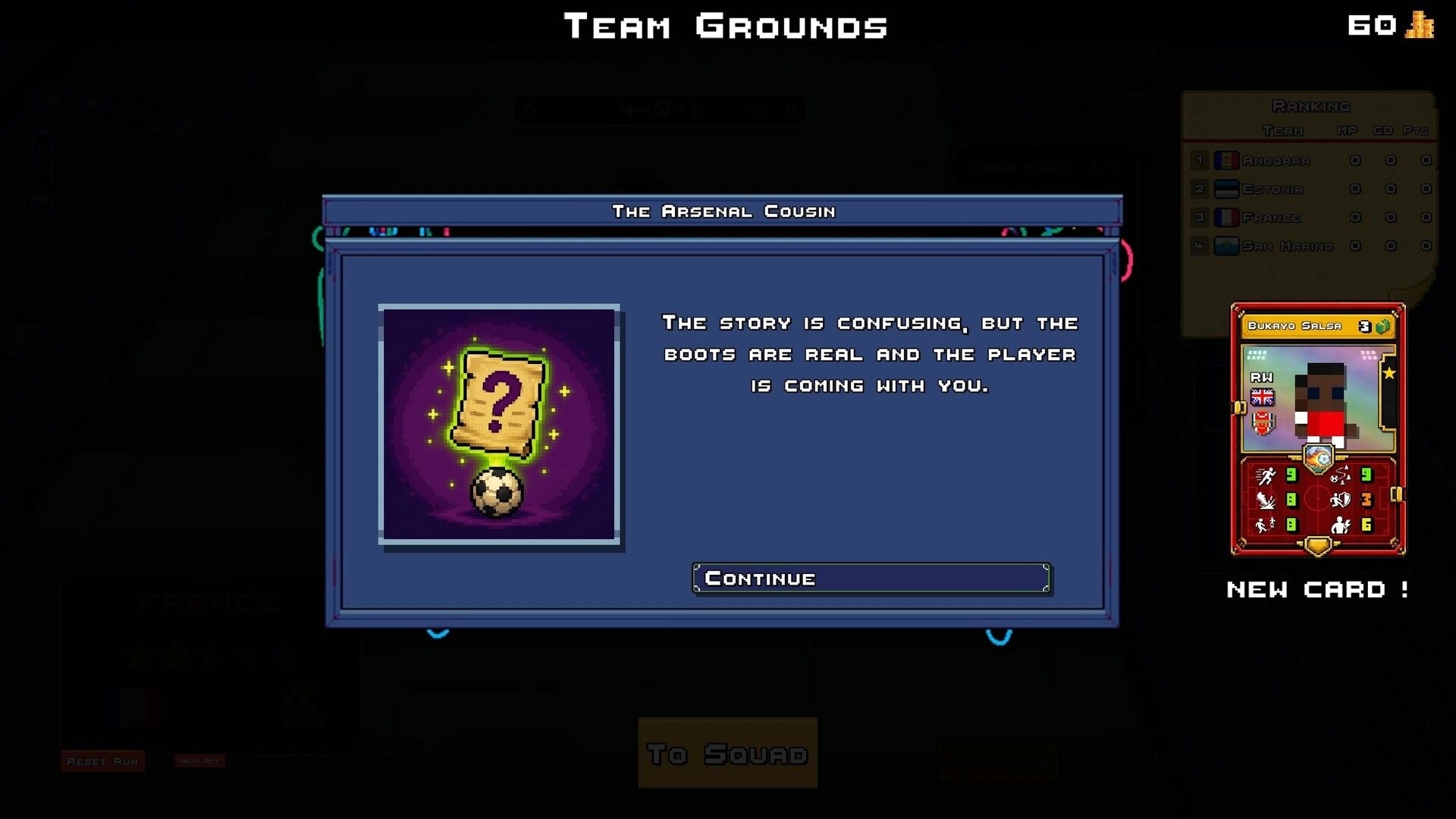 Rogue Striker: New card pop-up with mystery scroll icon and player card stats in Team Grounds menu.