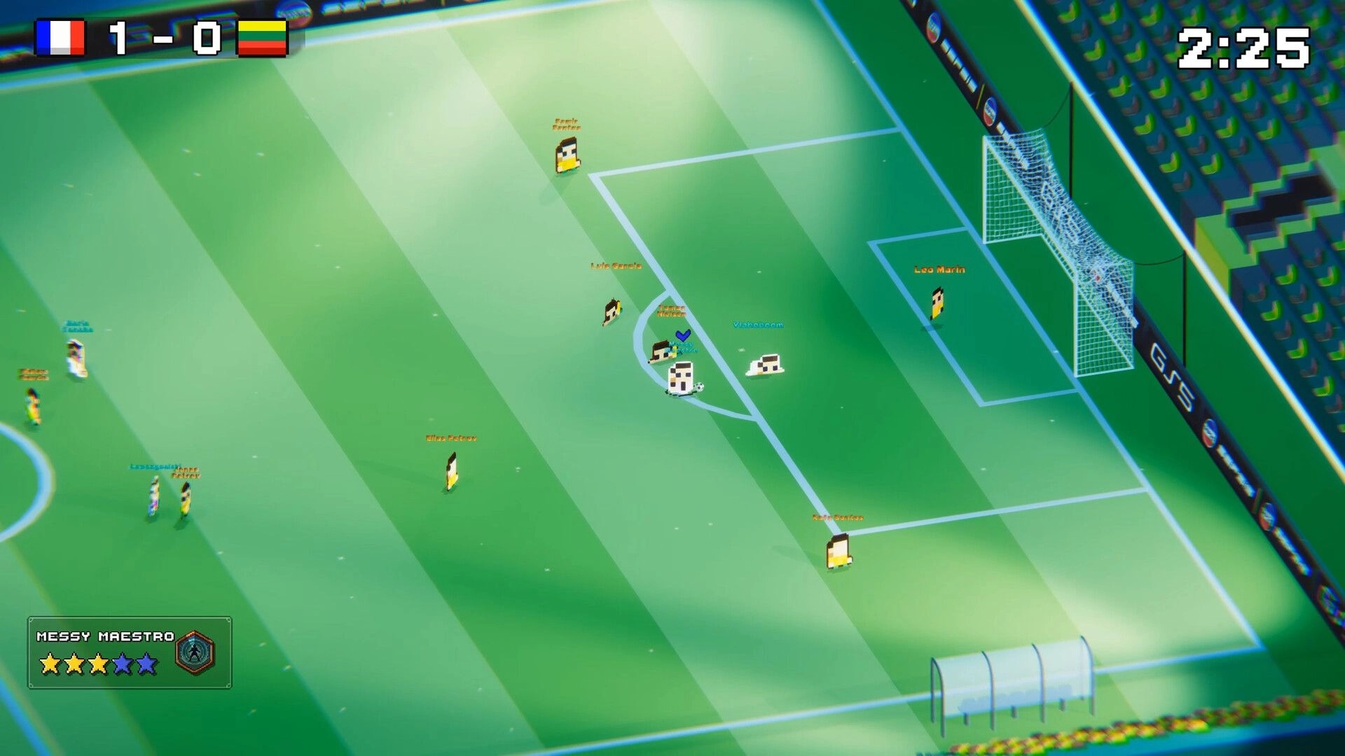 Rogue Striker: Pixel footballers attack the box near goal with 1-0 score and 2:25 timer in stadium pitch.