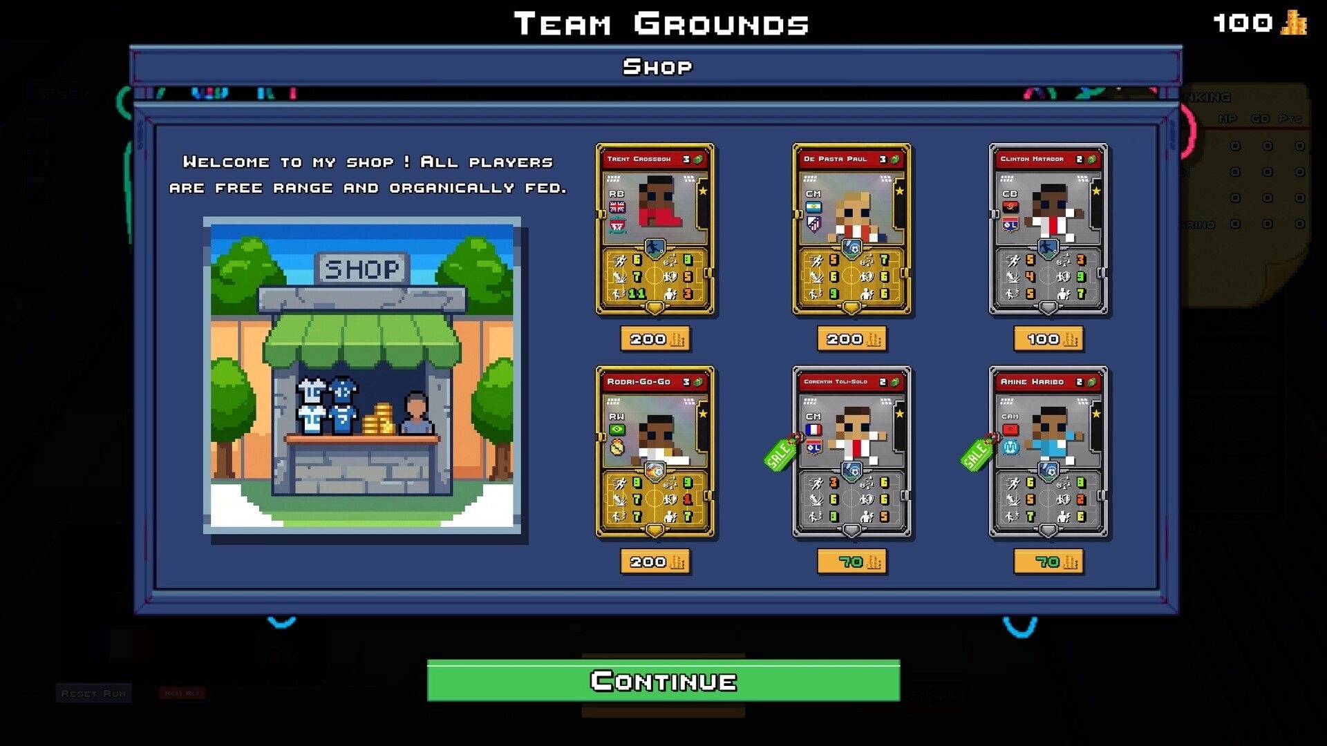 Rogue Striker: Team Grounds shop menu with six player cards for sale, prices shown, Continue button.