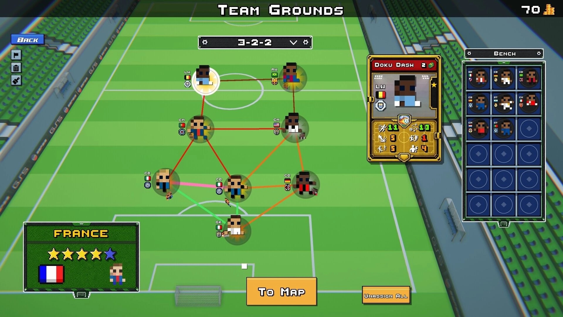 Rogue Striker: Team Grounds lineup screen with 3-2-2 formation, player links and bench roster panel.
