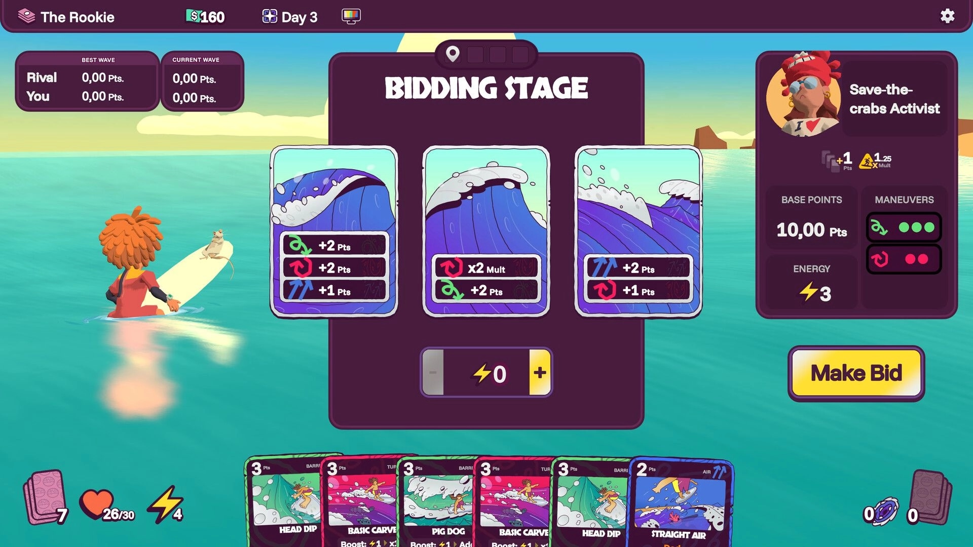 Rogue Waves: Bidding stage UI with three wave cards and Make Bid button over calm ocean backdrop.