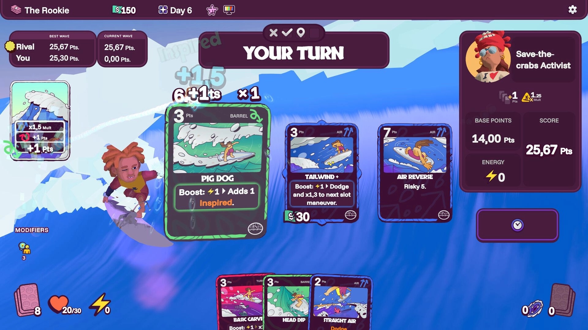 Rogue Waves: Your turn card play with Pig Dog, Tailwind+ and Air Reverse over a big blue wave UI.