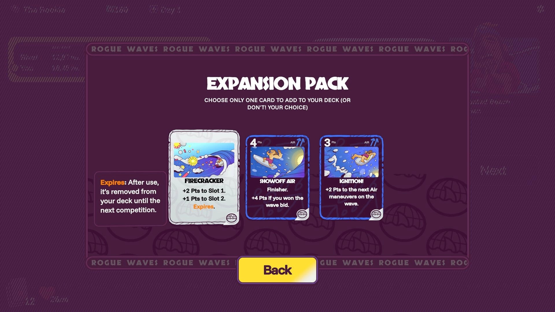 Rogue Waves: Expansion Pack card choice screen with Firecracker, Showoff Air, and Ignition! options.