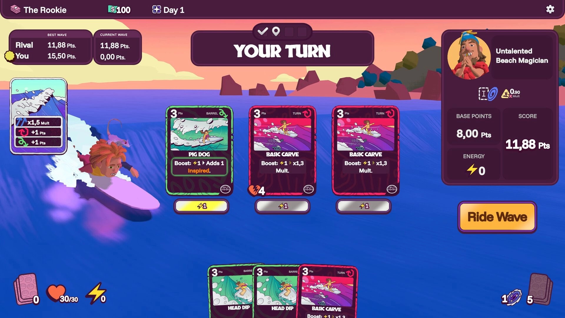 Rogue Waves: Your turn card play with surf trick cards on a wave, rival score panel and Ride Wave button.