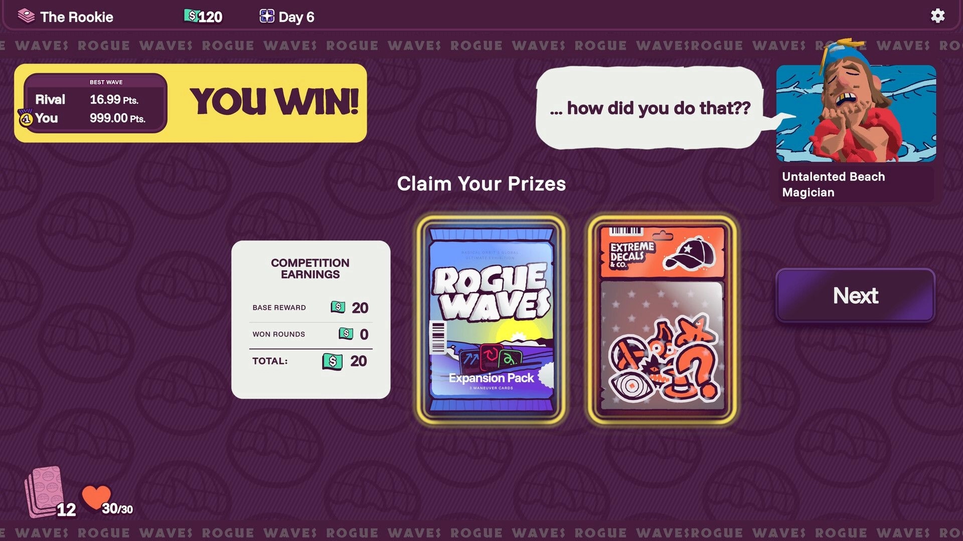 Rogue Waves: Victory rewards screen with prize cards and shocked rival portrait on purple UI backdrop.