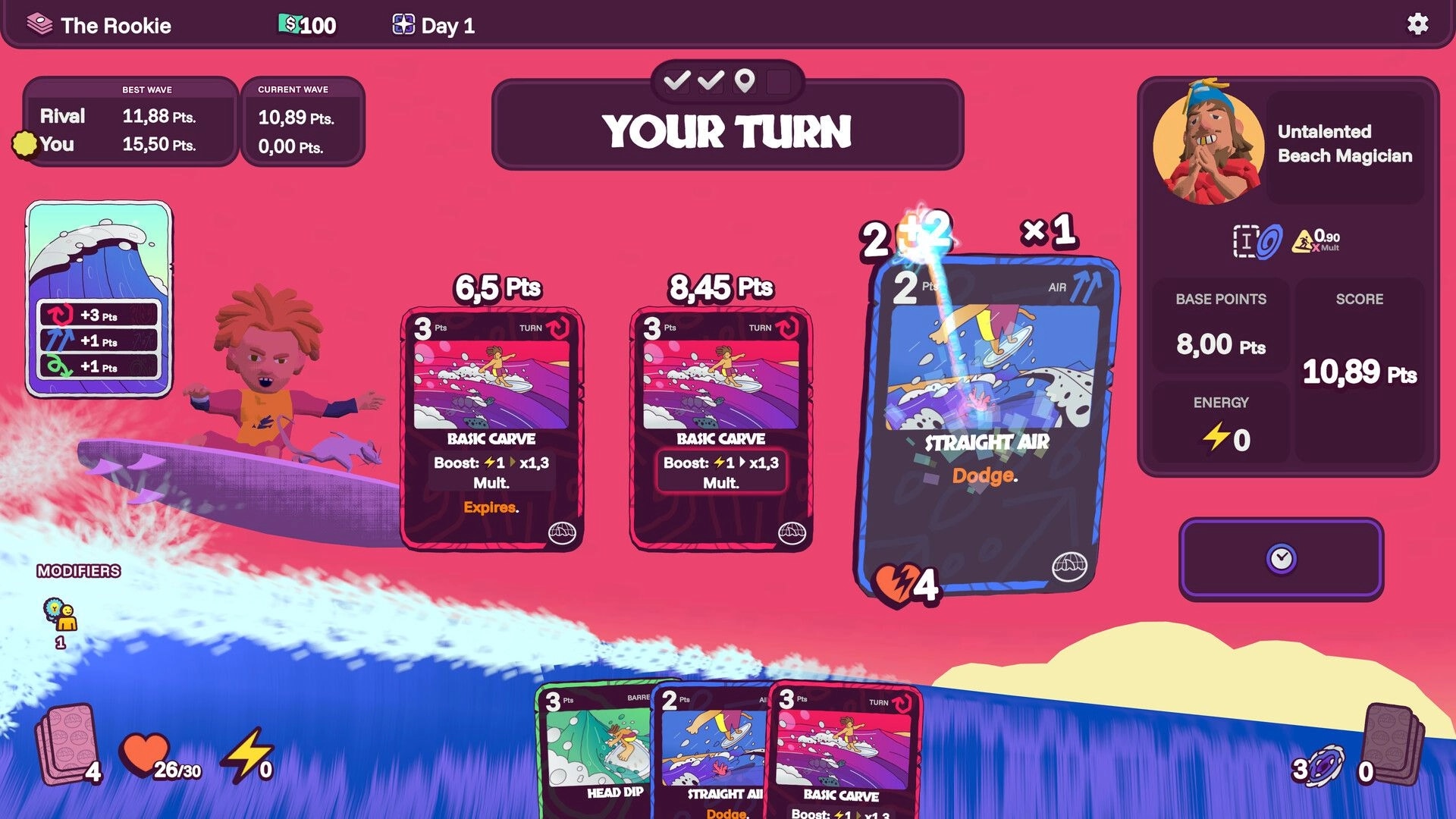 Rogue Waves: Your turn card play with Basic Carve and Straight Air on bright pink surf battle UI.