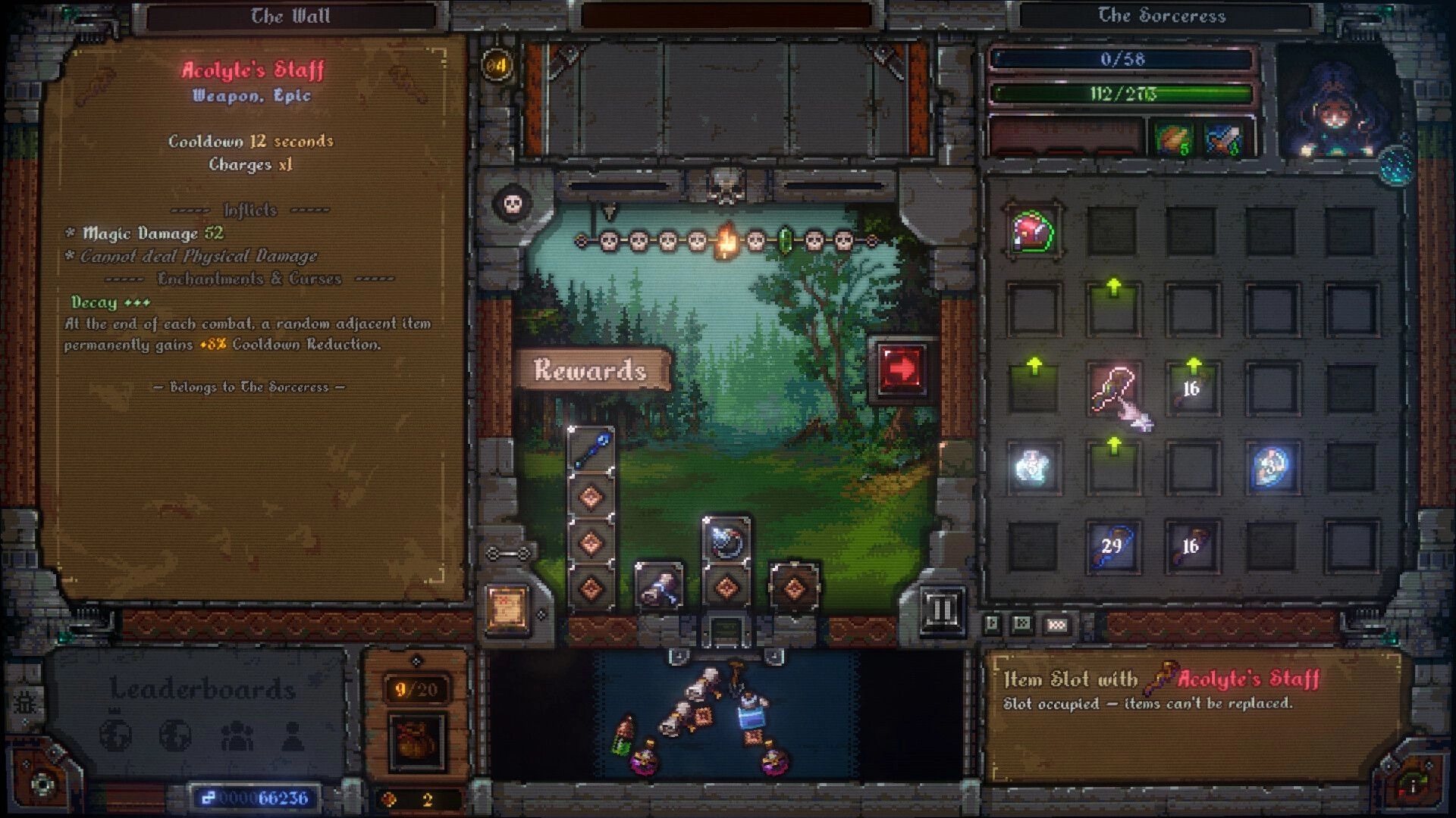 Rogues & Fate: Acolyte's Staff tooltip open beside inventory grid and rewards in a forest dungeon hub.