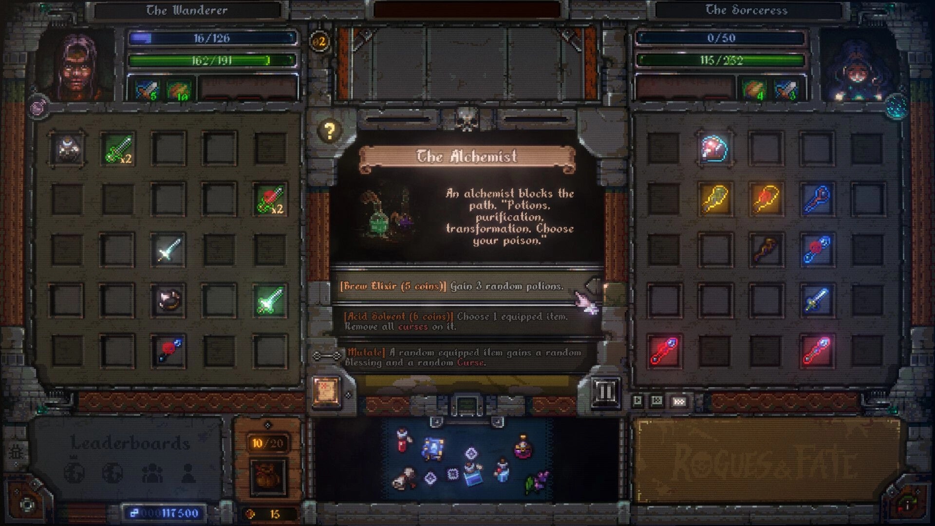 Rogues & Fate: Alchemist event menu between two hero inventories in a stone corridor UI layout.