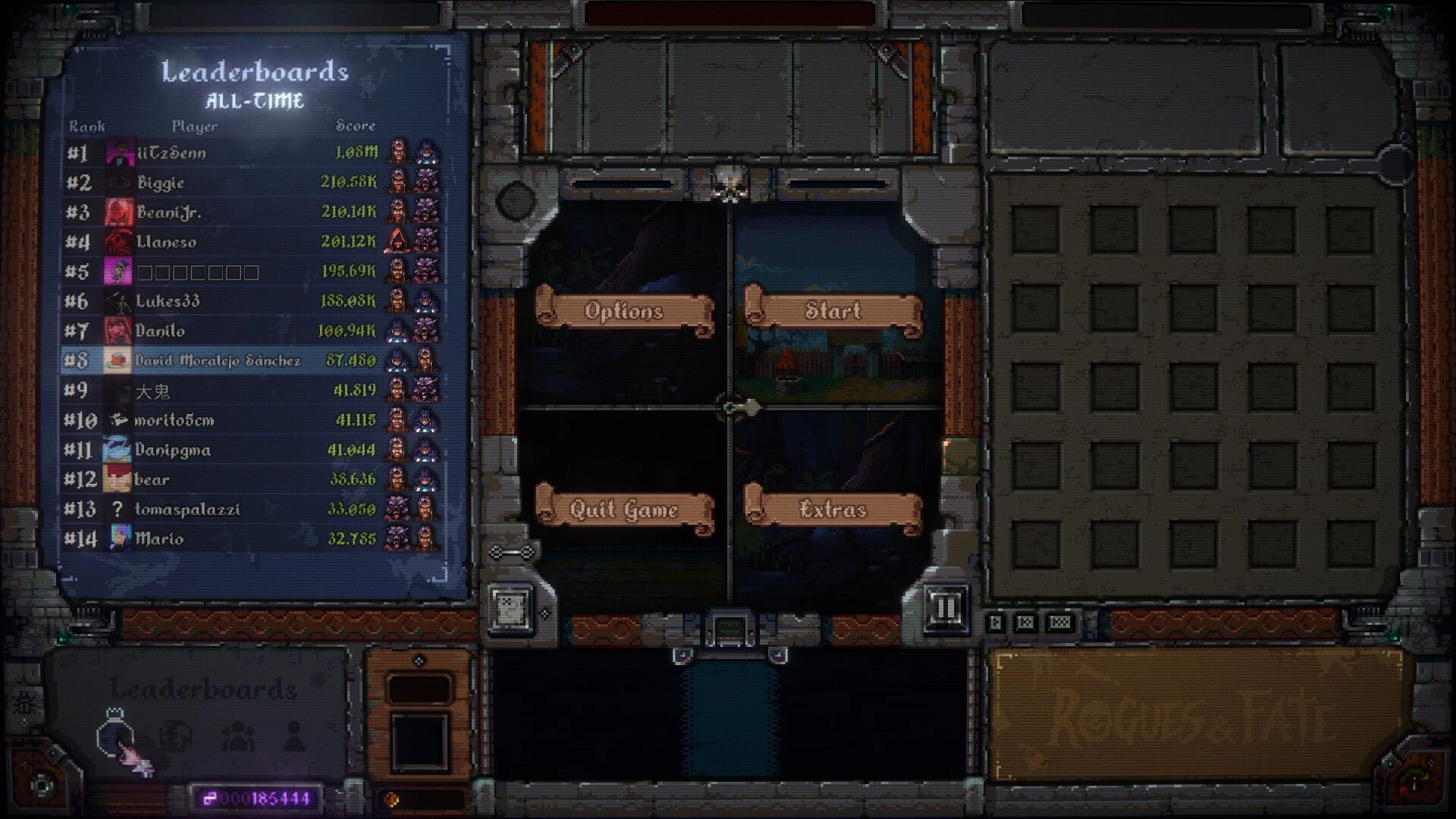 Rogues & Fate: All-time leaderboards beside Start and Options buttons in a metal-framed main menu.