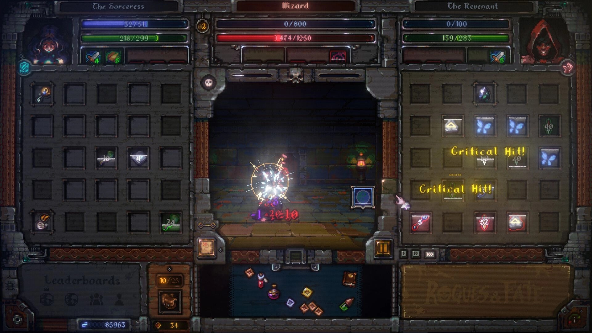 Rogues & Fate: Two-hero inventory grids flank dungeon combat as Critical Hit text flashes mid-fight.