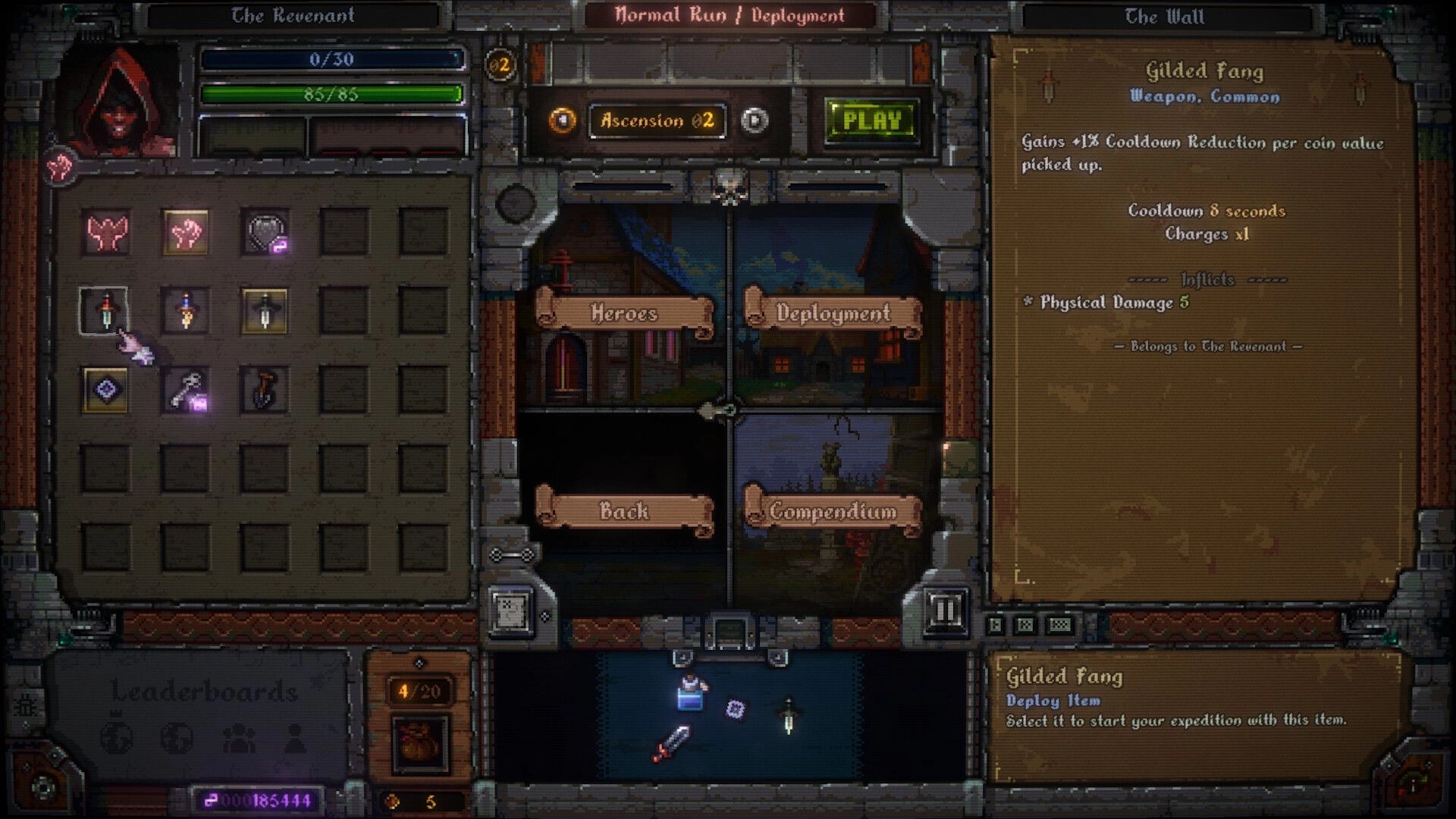 Rogues & Fate: Deployment screen with Revenant inventory grid and Gilded Fang tooltip in town hub.