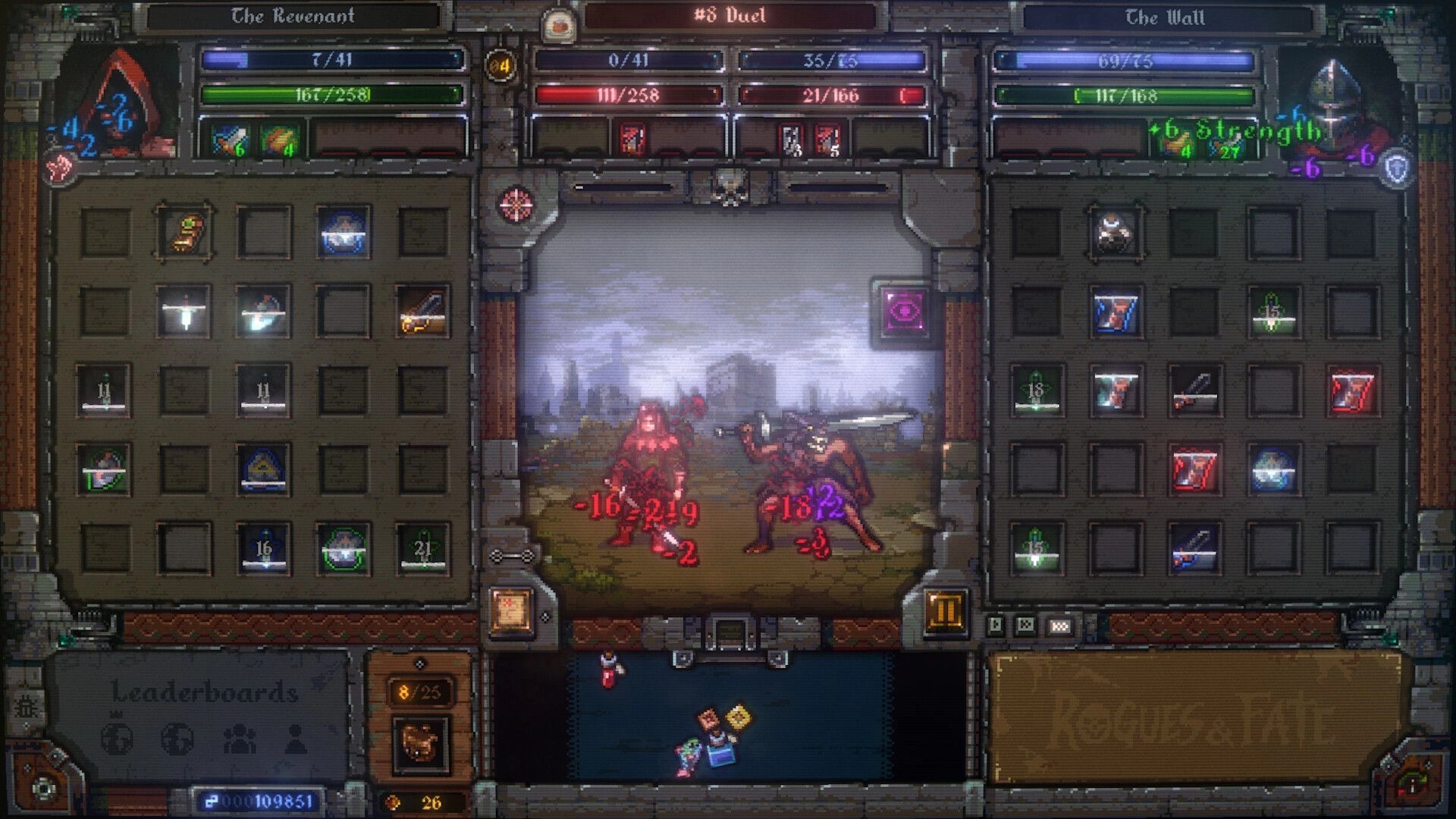 Rogues & Fate: Duel battle between The Revenant and The Wall with inventory grids and damage numbers.