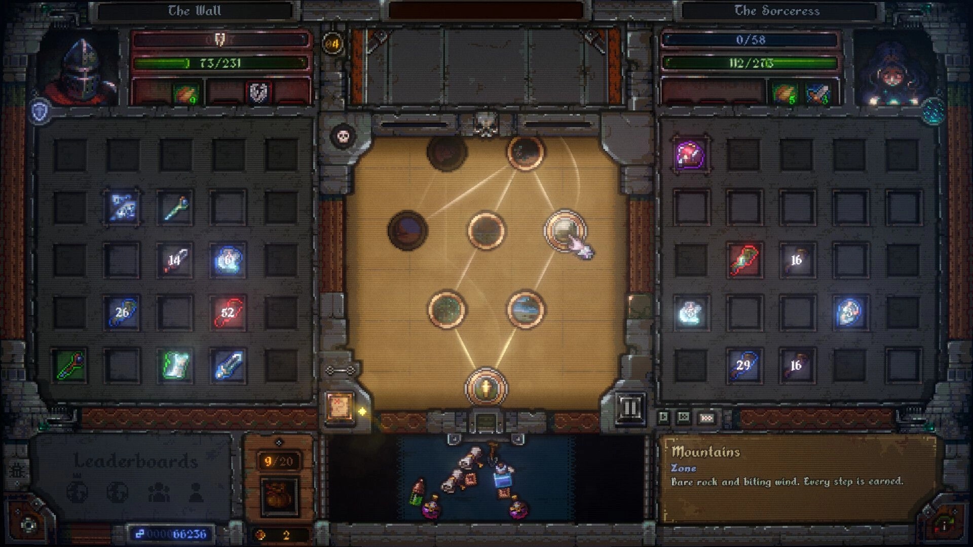 Rogues & Fate: Two-hero inventory grids and node map selection screen in a stone dungeon UI.