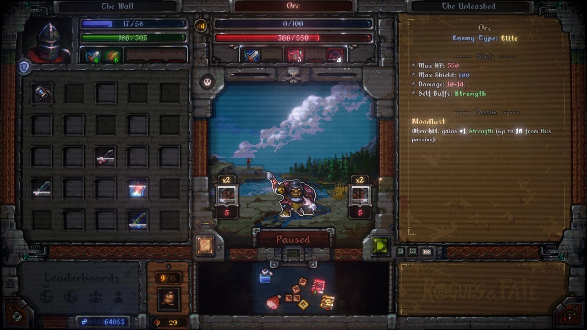 Rogues & Fate: Paused battle UI with hero inventory grid and elite orc stats panel in forest arena.