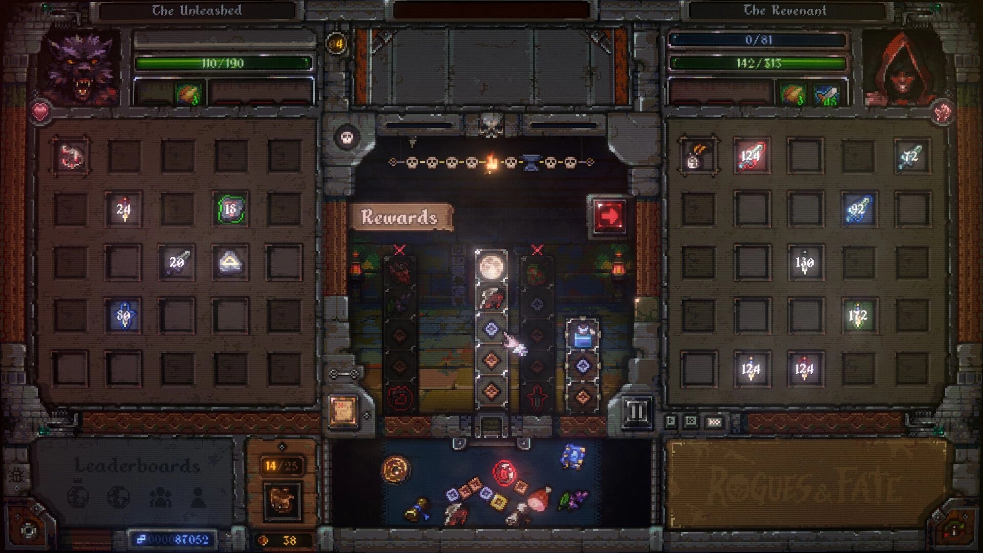 Rogues & Fate: Two-hero inventory grids and health bars with rewards track in a dungeon UI screen.