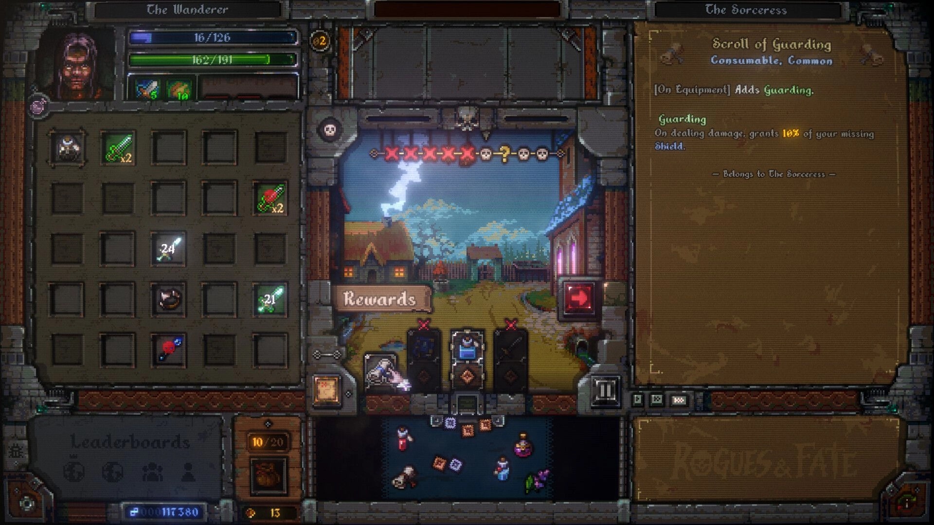 Rogues & Fate: Inventory grid and rewards selection UI with Scroll of Guarding tooltip in town hub.