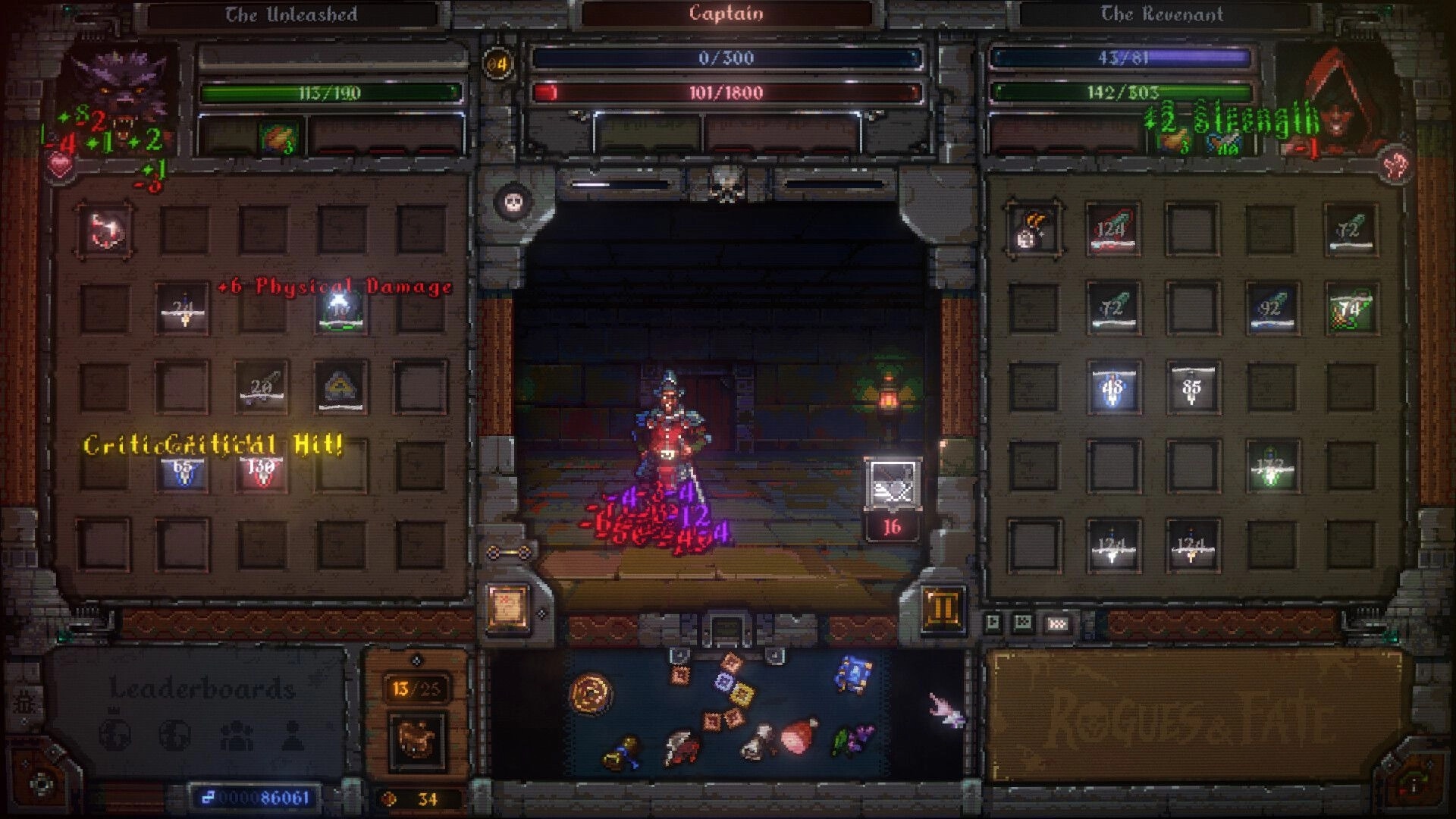 Rogues & Fate: Two heroes auto-battle in a dungeon while inventory grids and damage numbers fill UI.